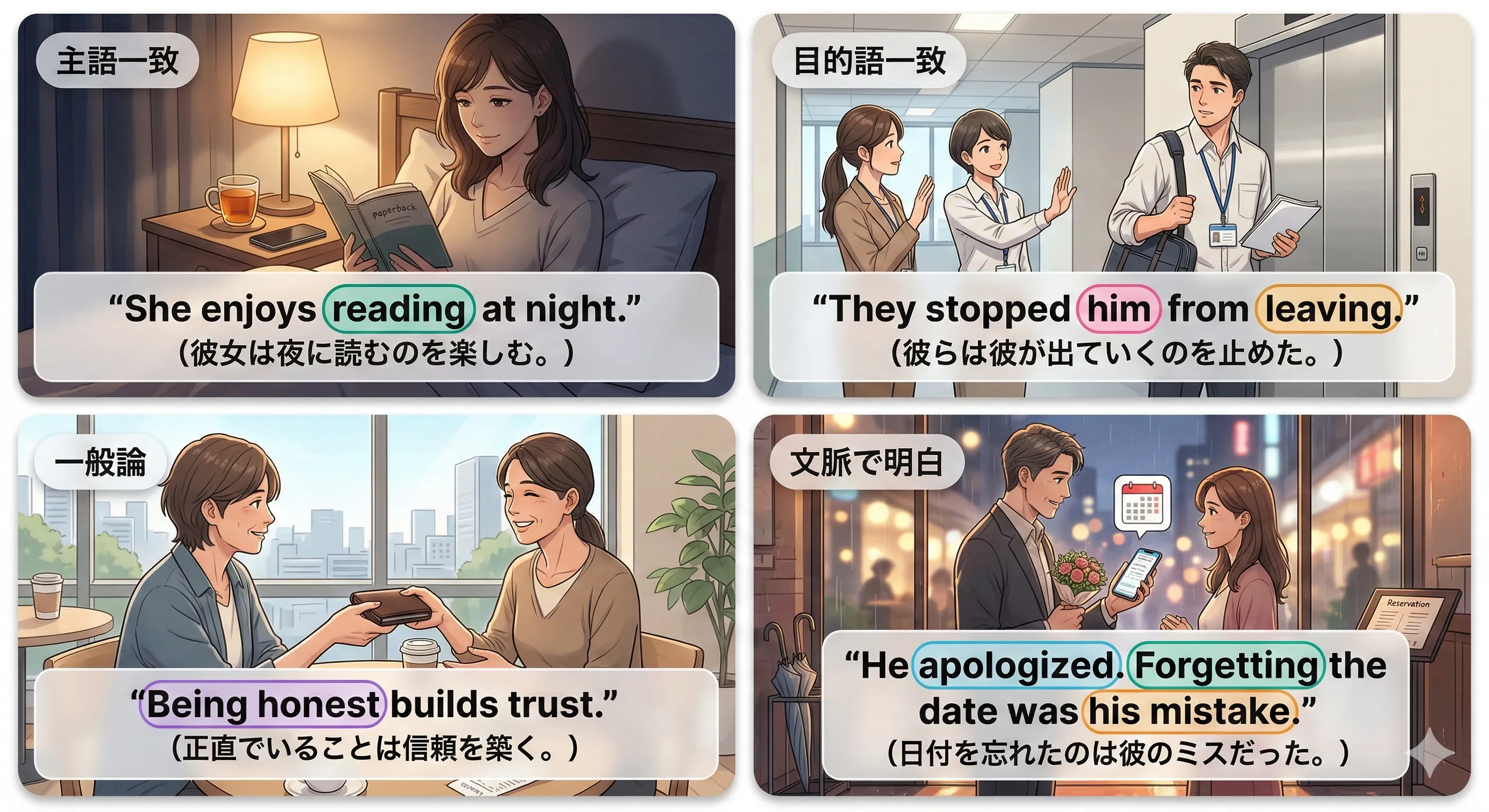 意味上の主語の見抜き方：主語一致/目的語一致/一般論/文脈/明示（所有格・目的格）/無生物（being）を整理した図