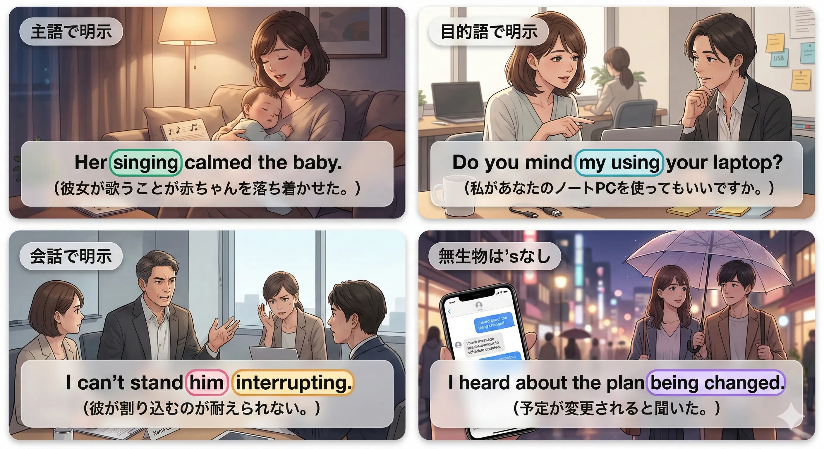 動名詞の意味上の主語：明示が必要な場合（所有格+V-ing／目的格+V-ing／無生物名詞は’sを付けない）