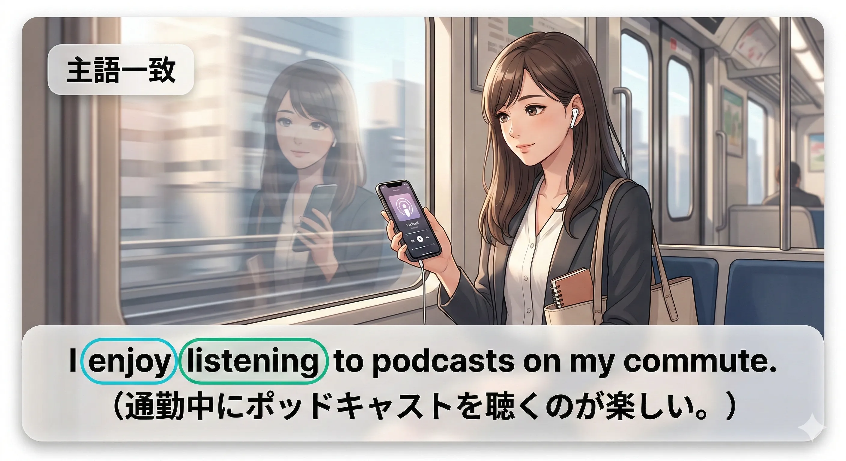 動名詞の意味上の主語：文の主語と一致する（省略できる）イメージ図