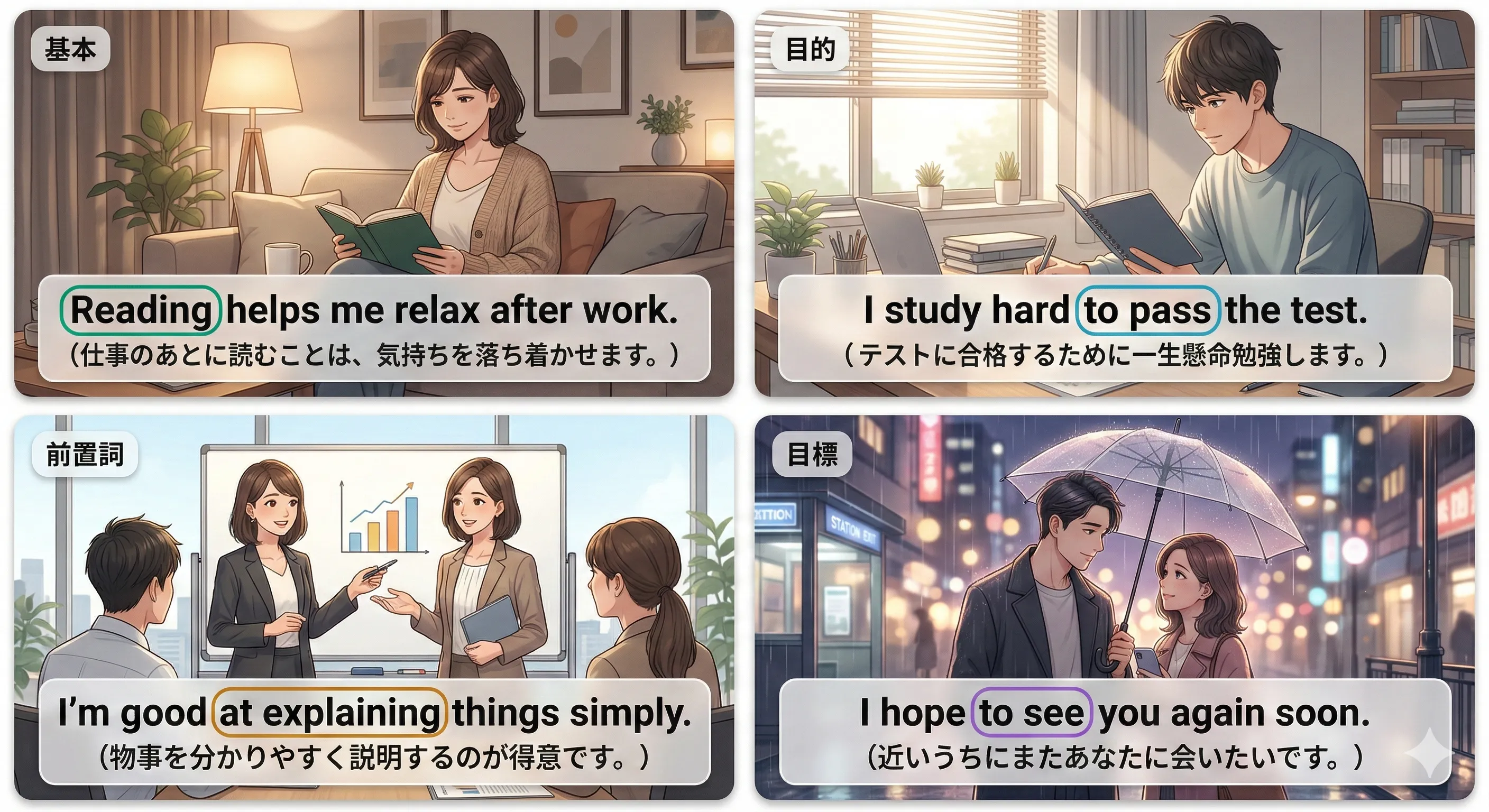 動名詞（V-ing）と不定詞（to + 動詞）をざっくり区別する全体像イラスト