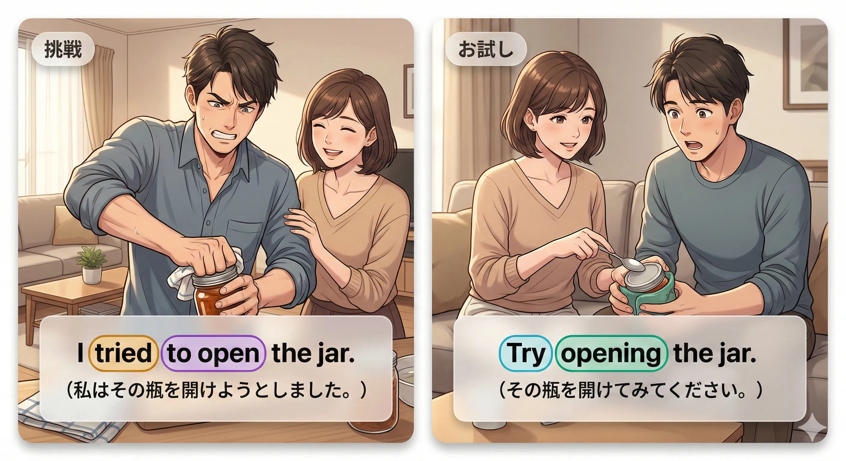 V-ing と to + V で意味が変わる動詞（remember/forget/stop/try など）のイメージ図