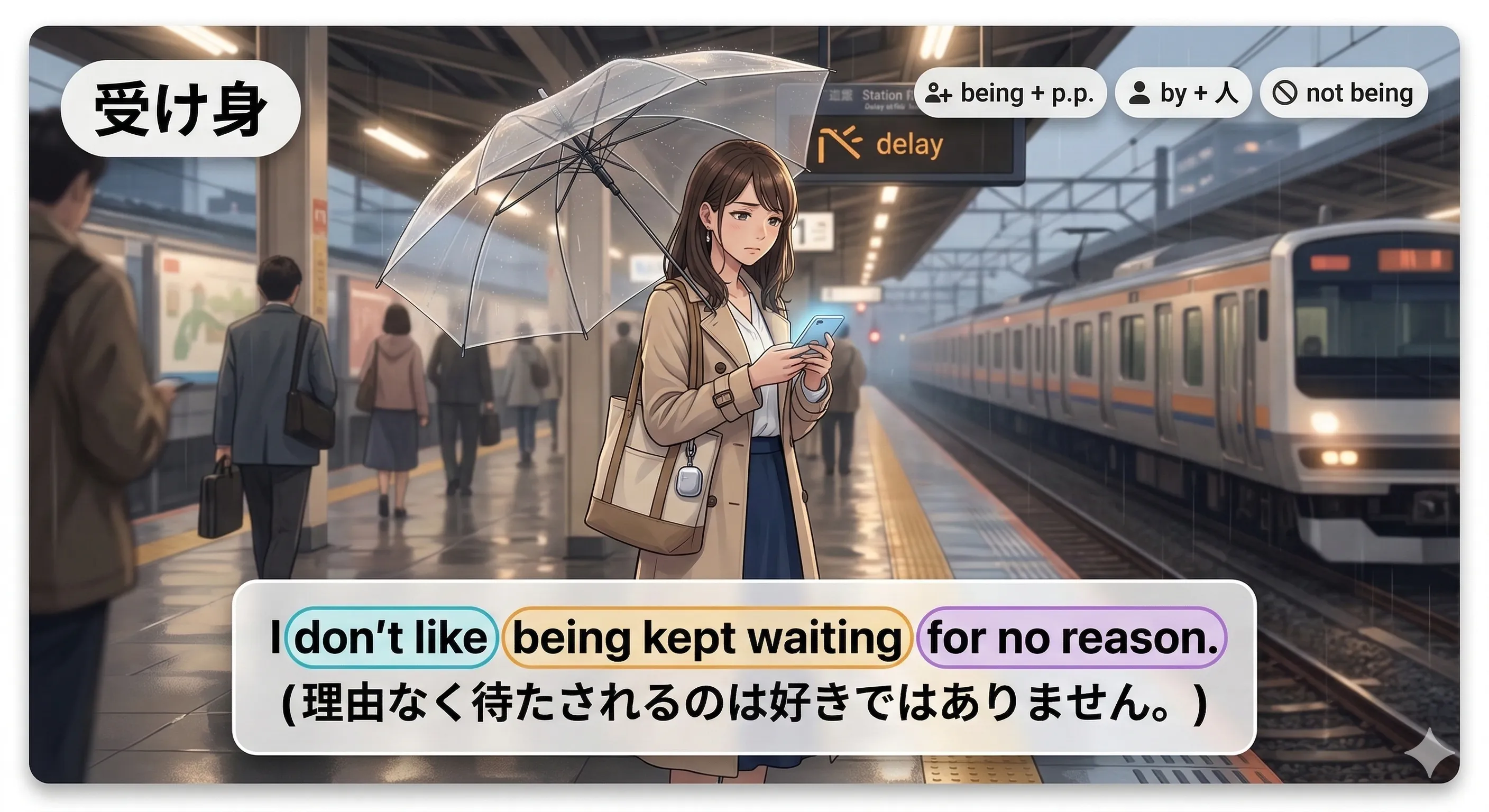 動名詞の受動態：being + 過去分詞（〜されること）