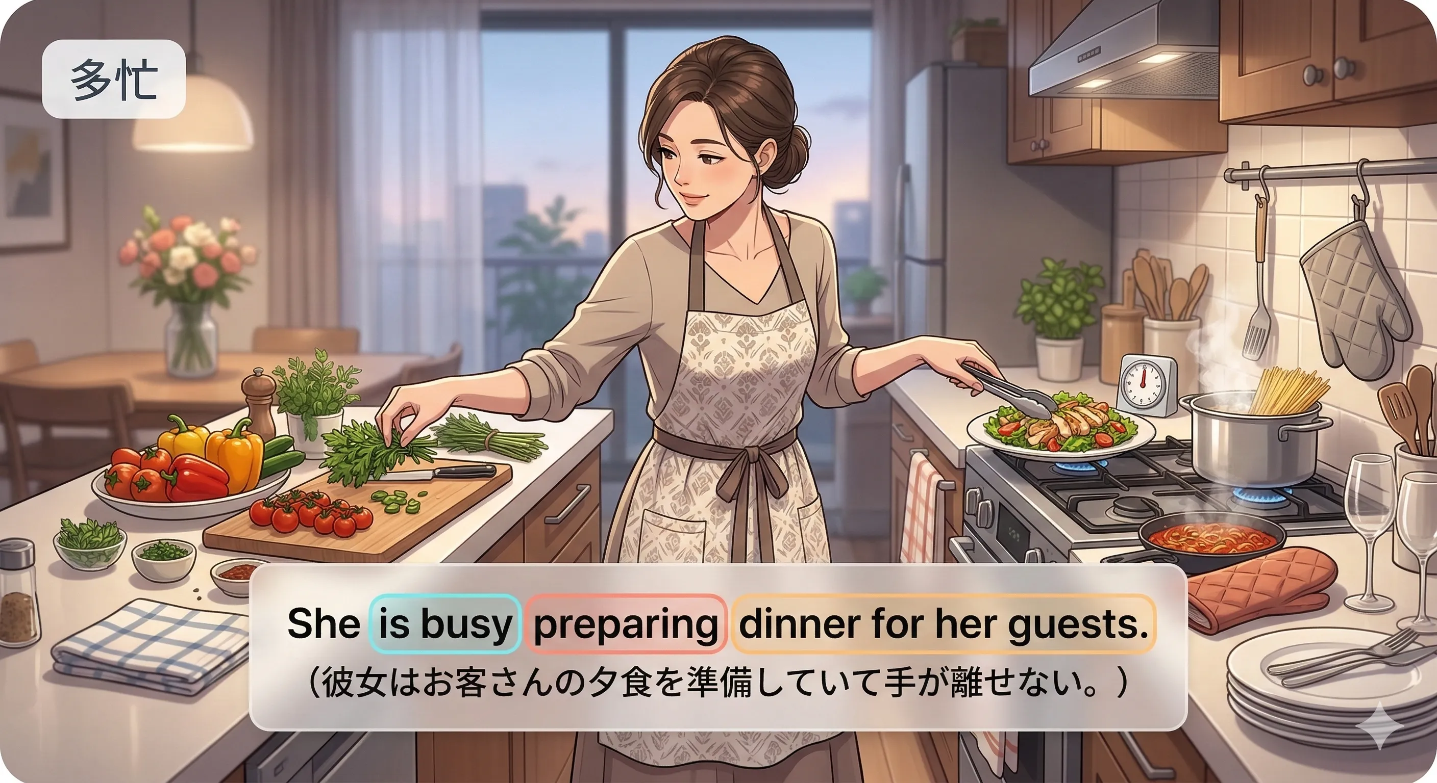 be busy + 動名詞 の意味と使い方を表すイメージ図