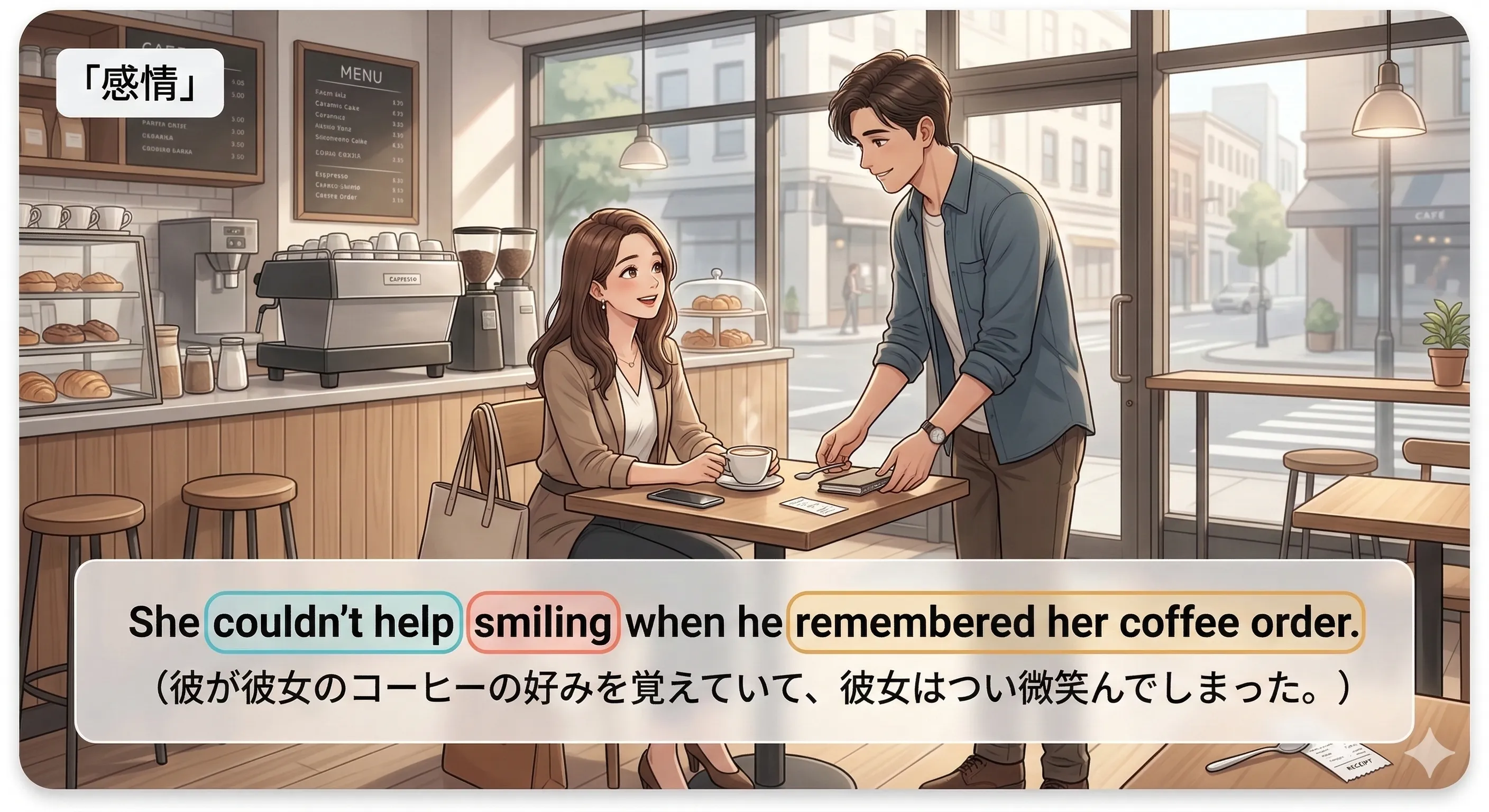 cannot help + 動名詞 の意味と使い方を表すイメージ図