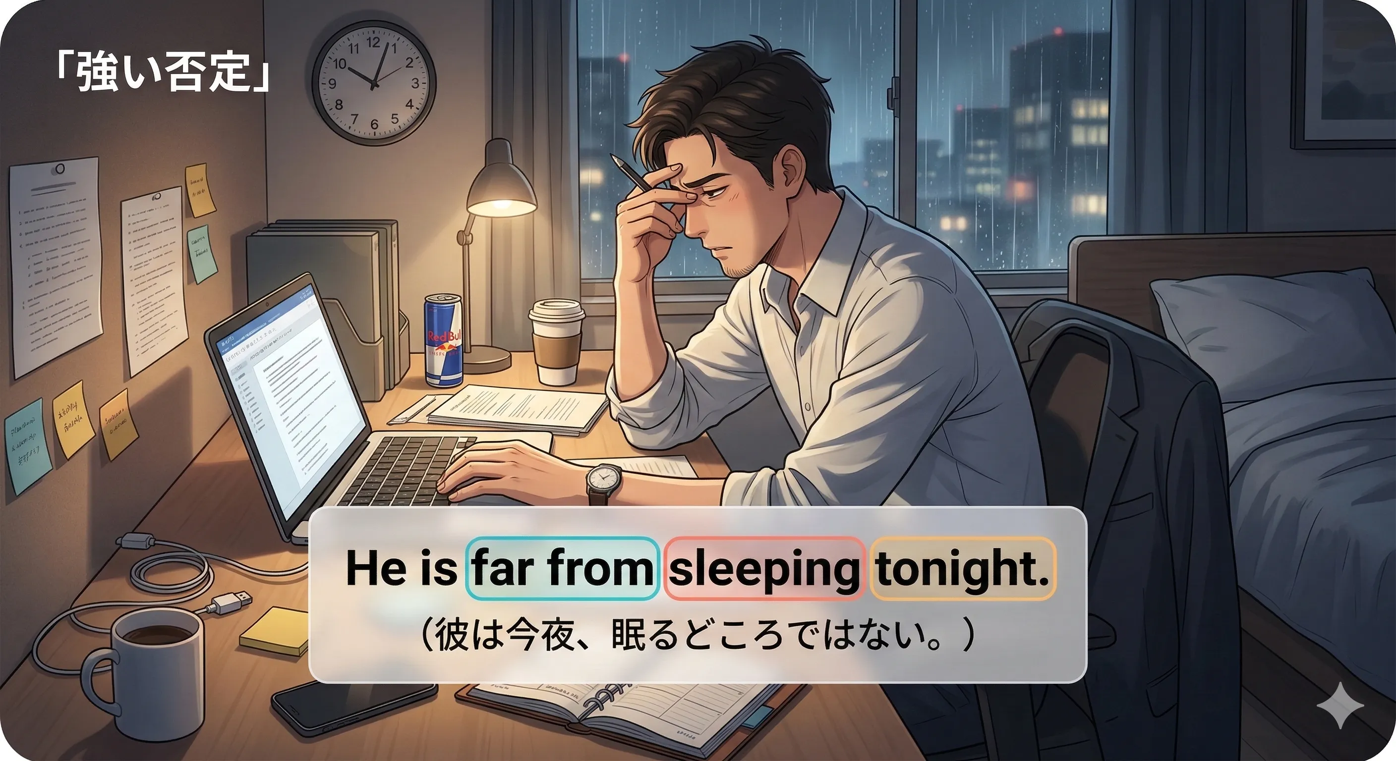 far from + 動名詞 の意味と使い方を表すイメージ図