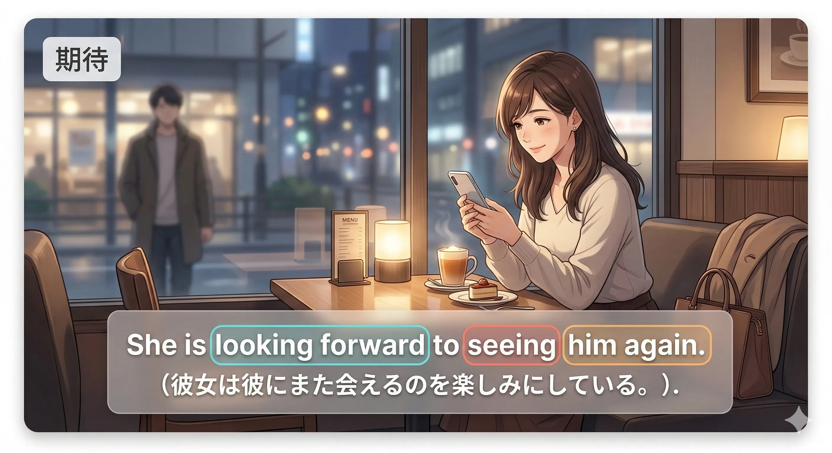 look forward to + 動名詞 の意味と使い方を表すイメージ図