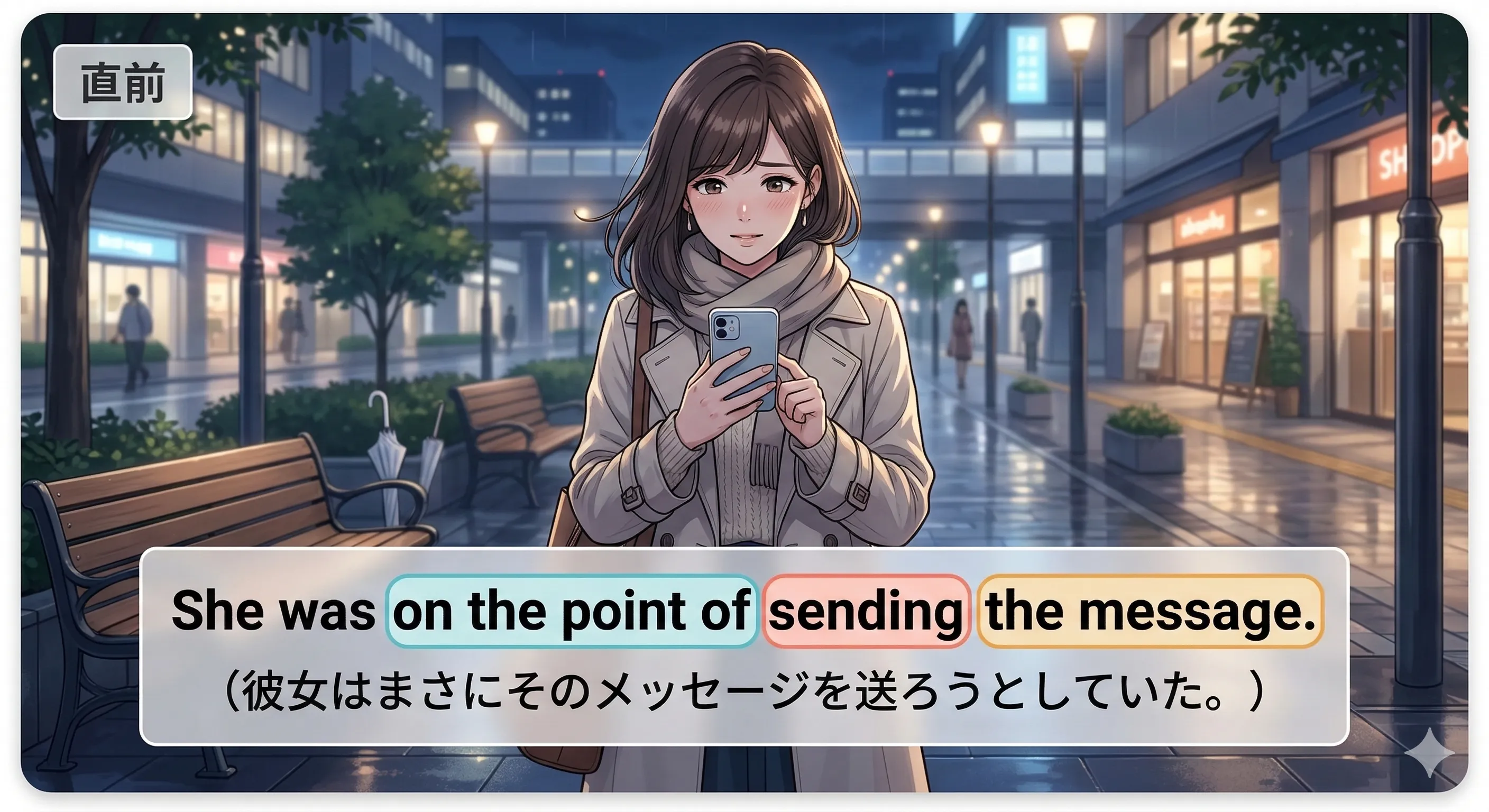 on the point of + 動名詞 の意味と使い方を表すイメージ図