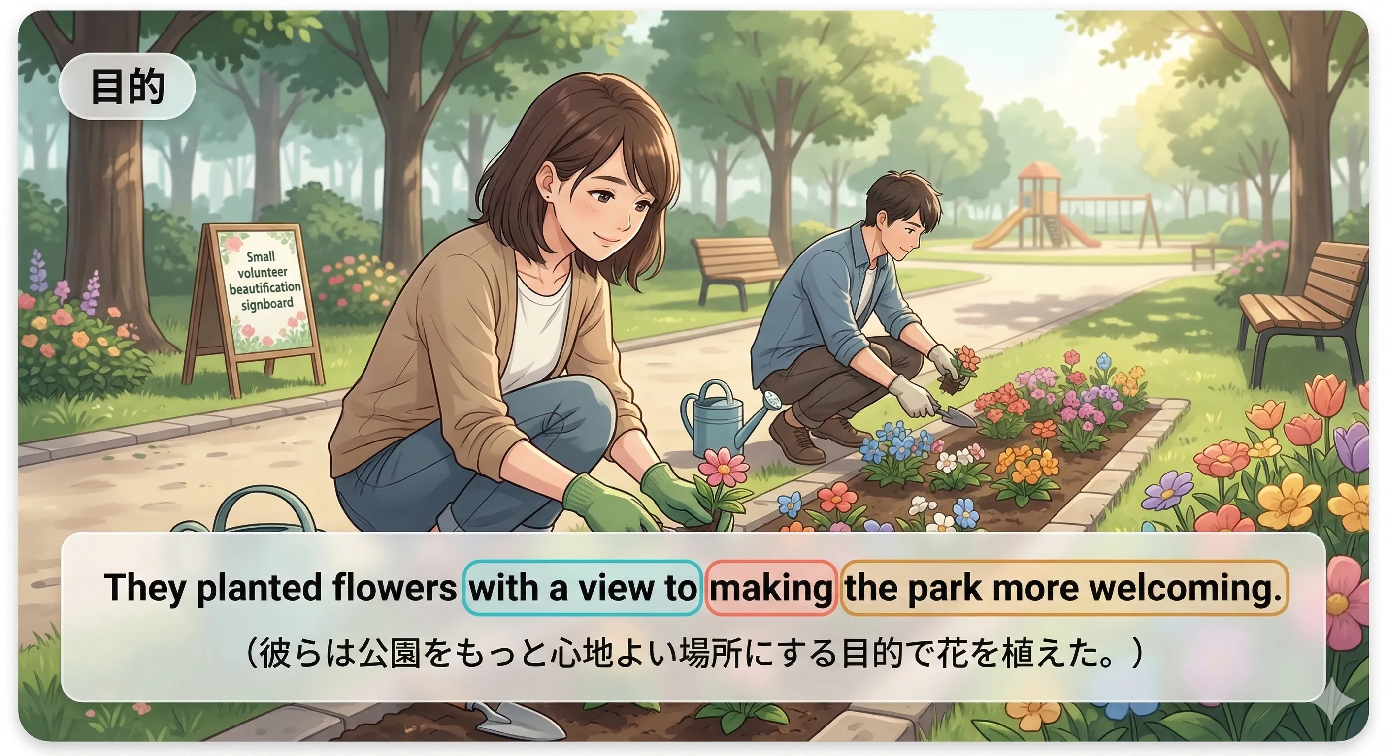 with a view to + 動名詞 の意味と使い方を表すイメージ図