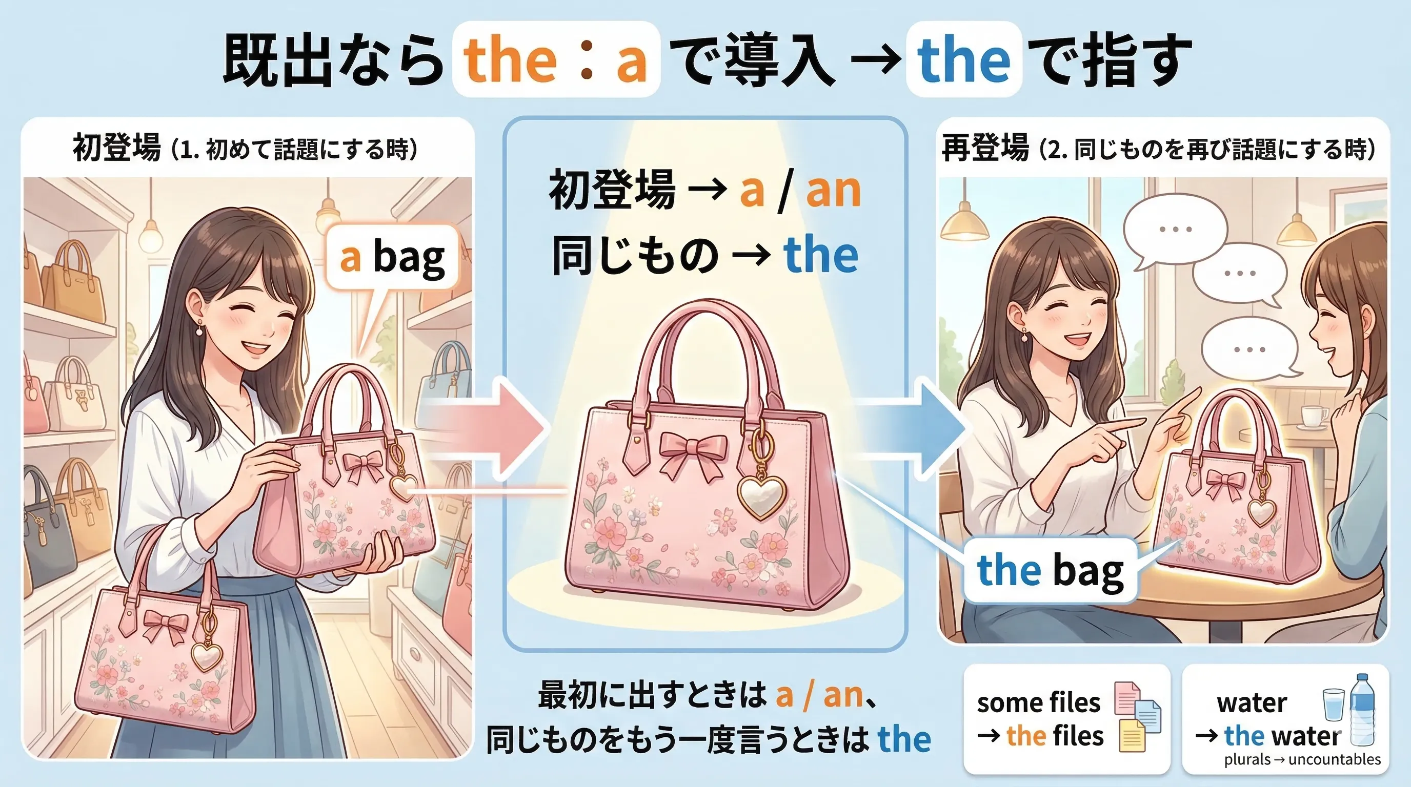 a で初登場させた名詞を、次に the で指し直す流れを示すイメージ図