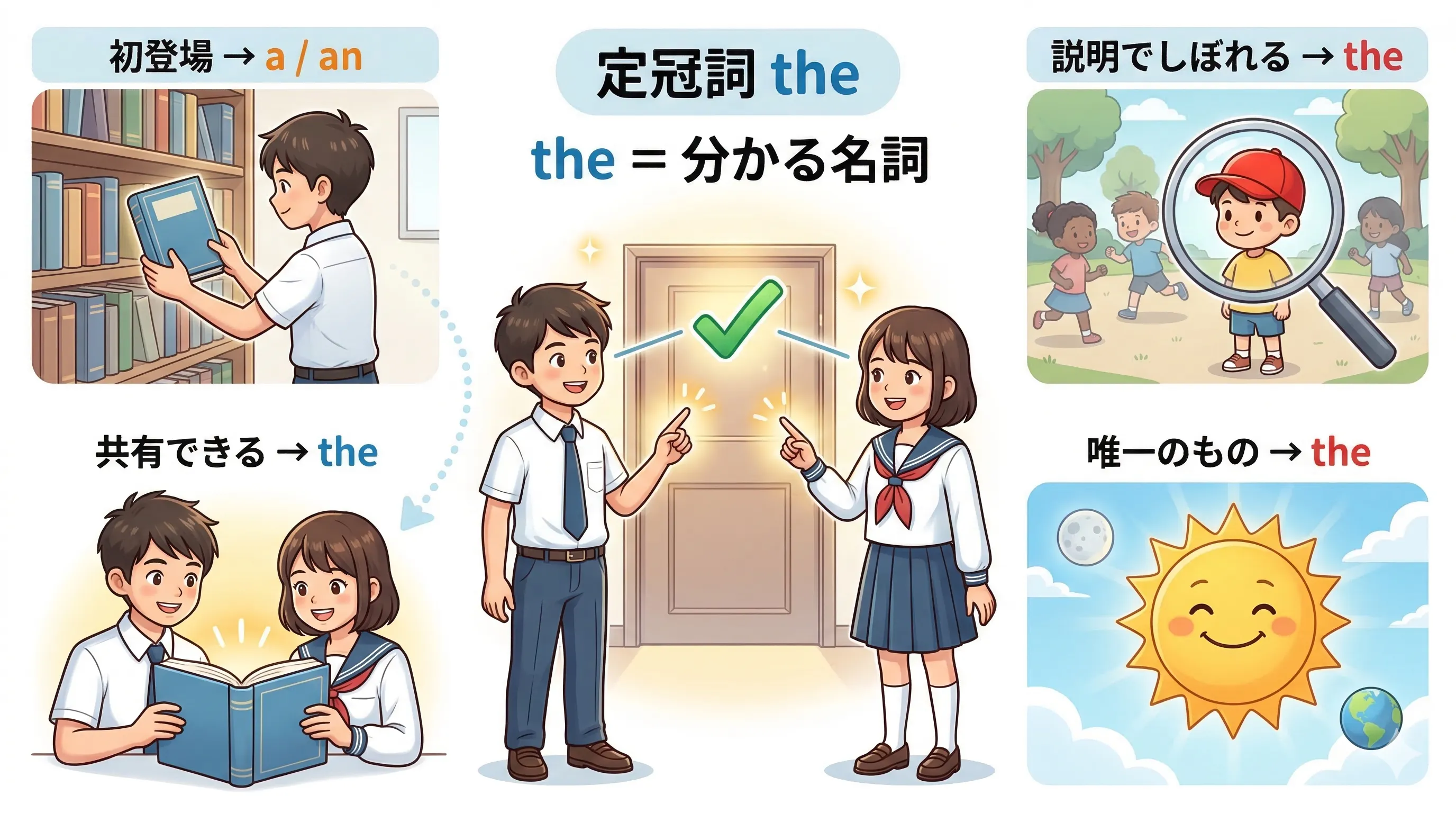 定冠詞 the は話し手と聞き手が同じものを思い浮かべられるときに付く、という全体像イラスト
