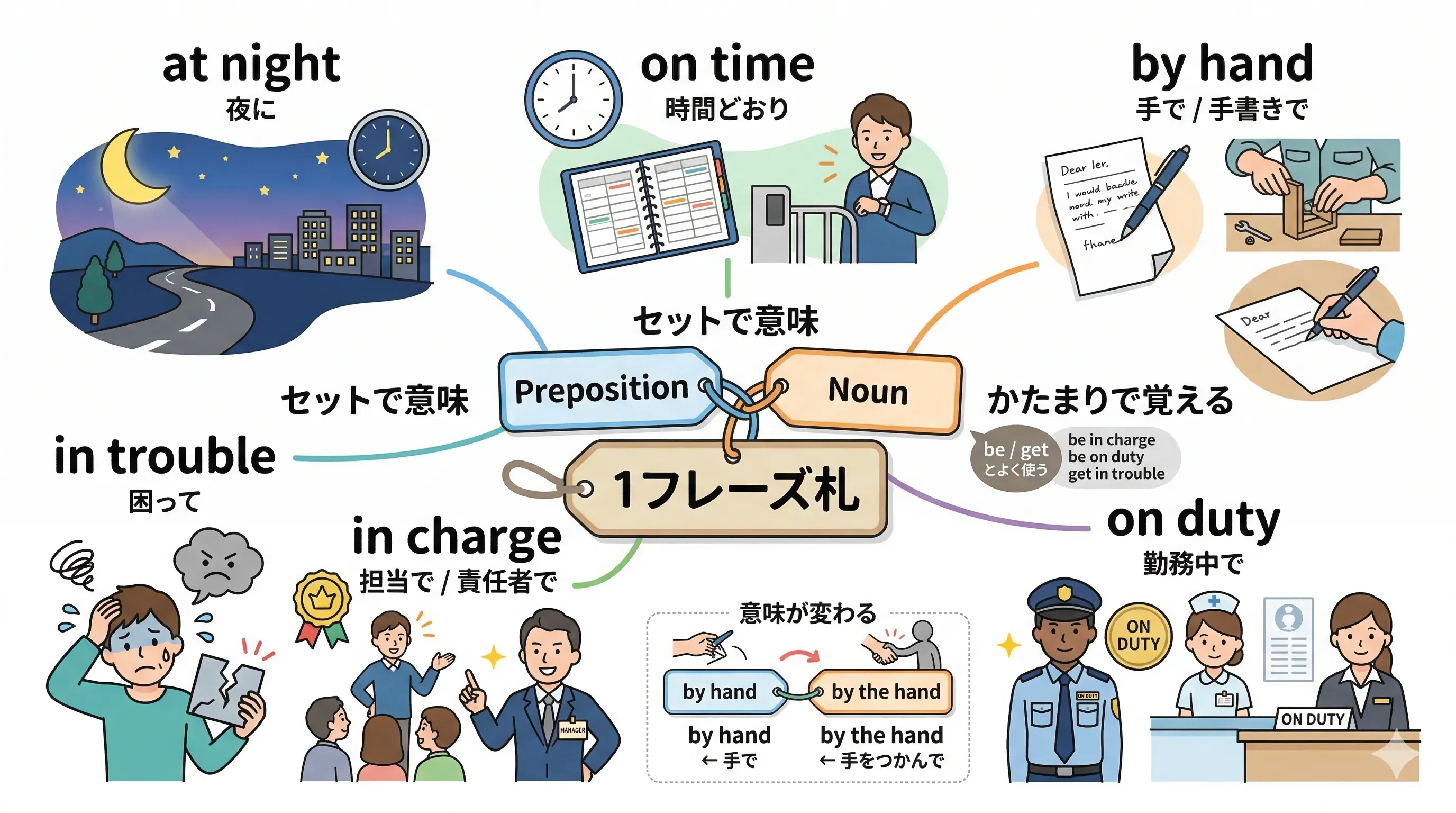 at night や on time など前置詞と名詞がセットで意味を作る慣用表現のイメージ図