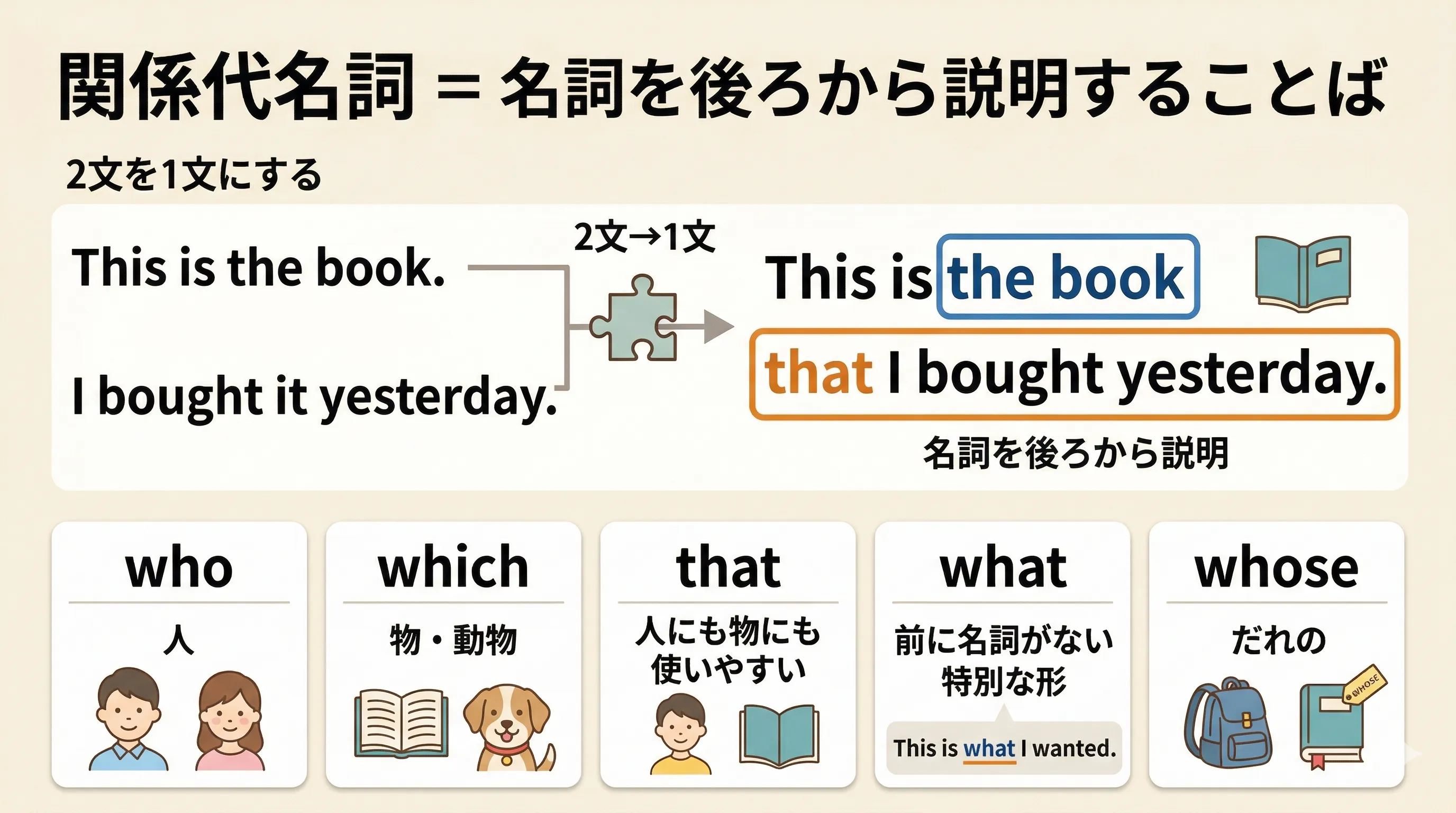 関係代名詞 who which that what whose が名詞を後ろから説明するイメージ図