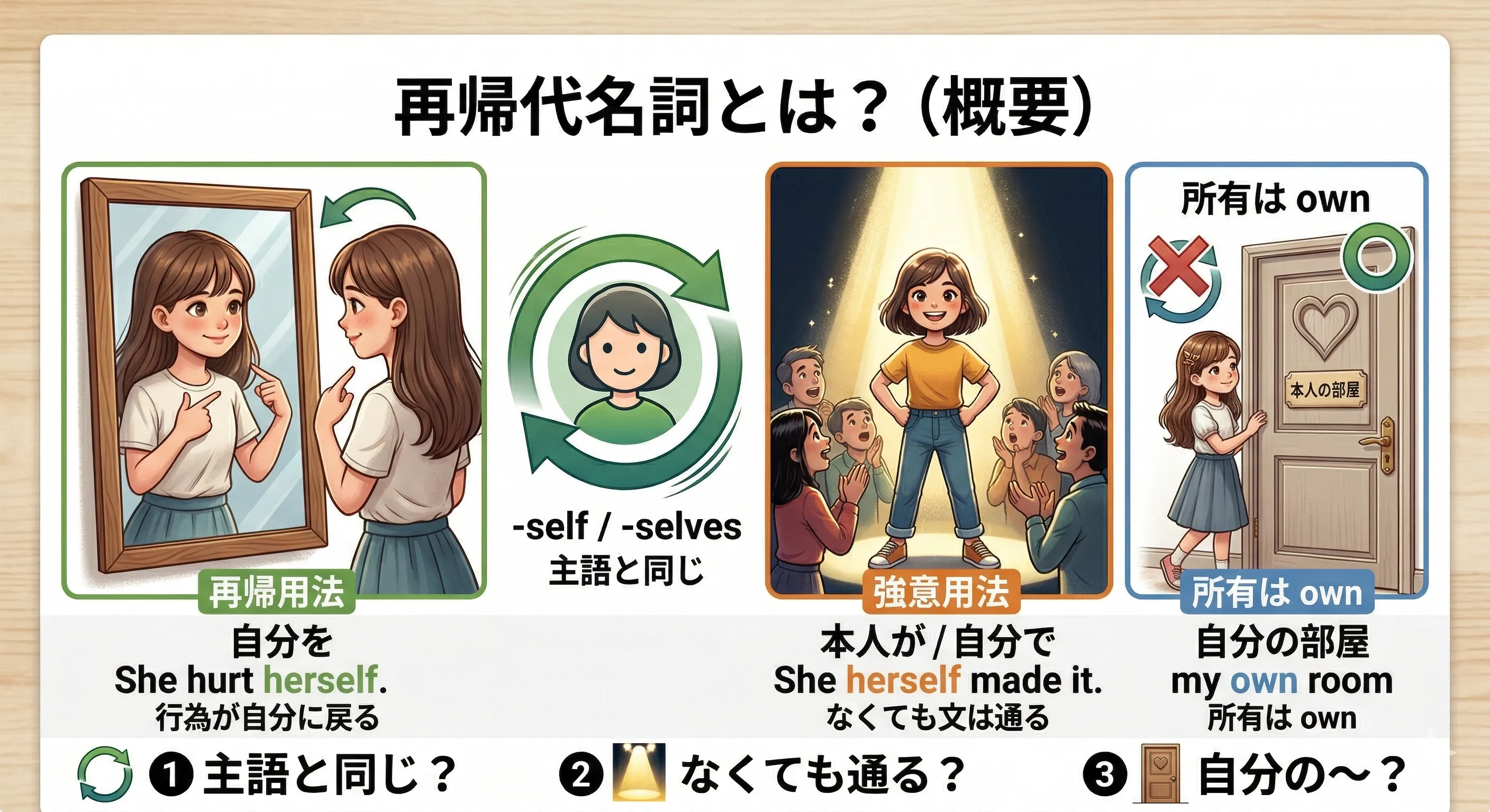 再帰代名詞の全体像（再帰用法・強意用法・own の違い）