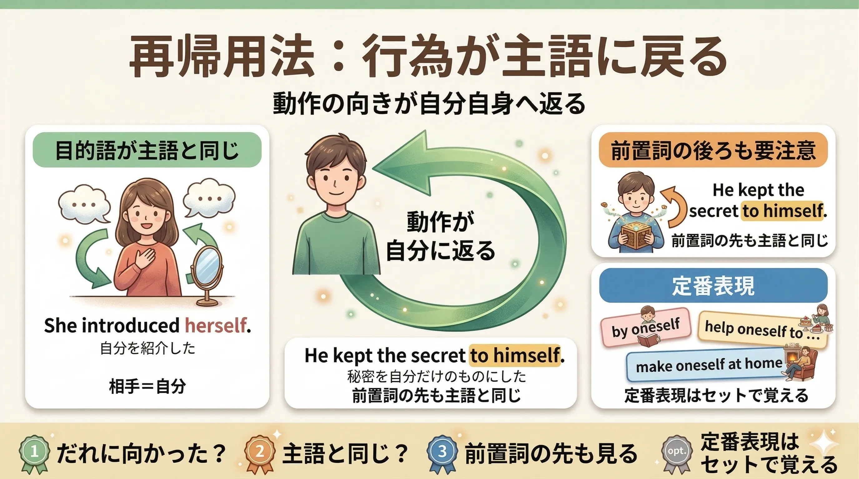 再帰用法のイメージ図（行為が主語に戻る）