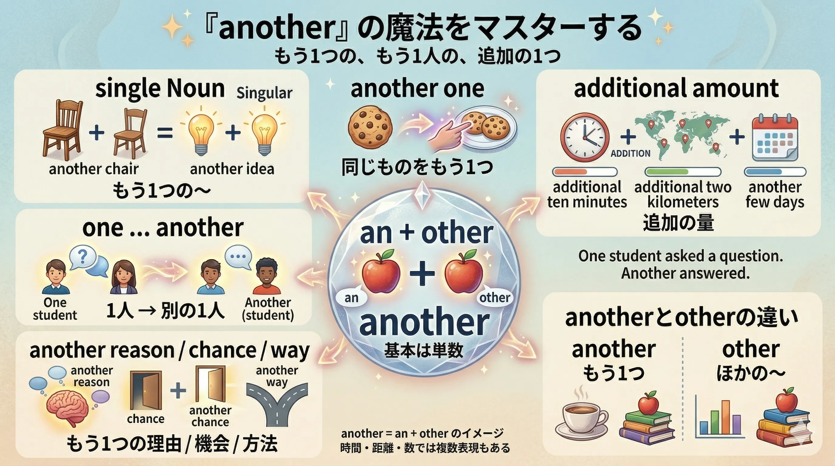 another の使い方を、another + 単数名詞、another one、another + 数字 + 複数名詞、one ... another、another と other の違いで整理したイメージ図