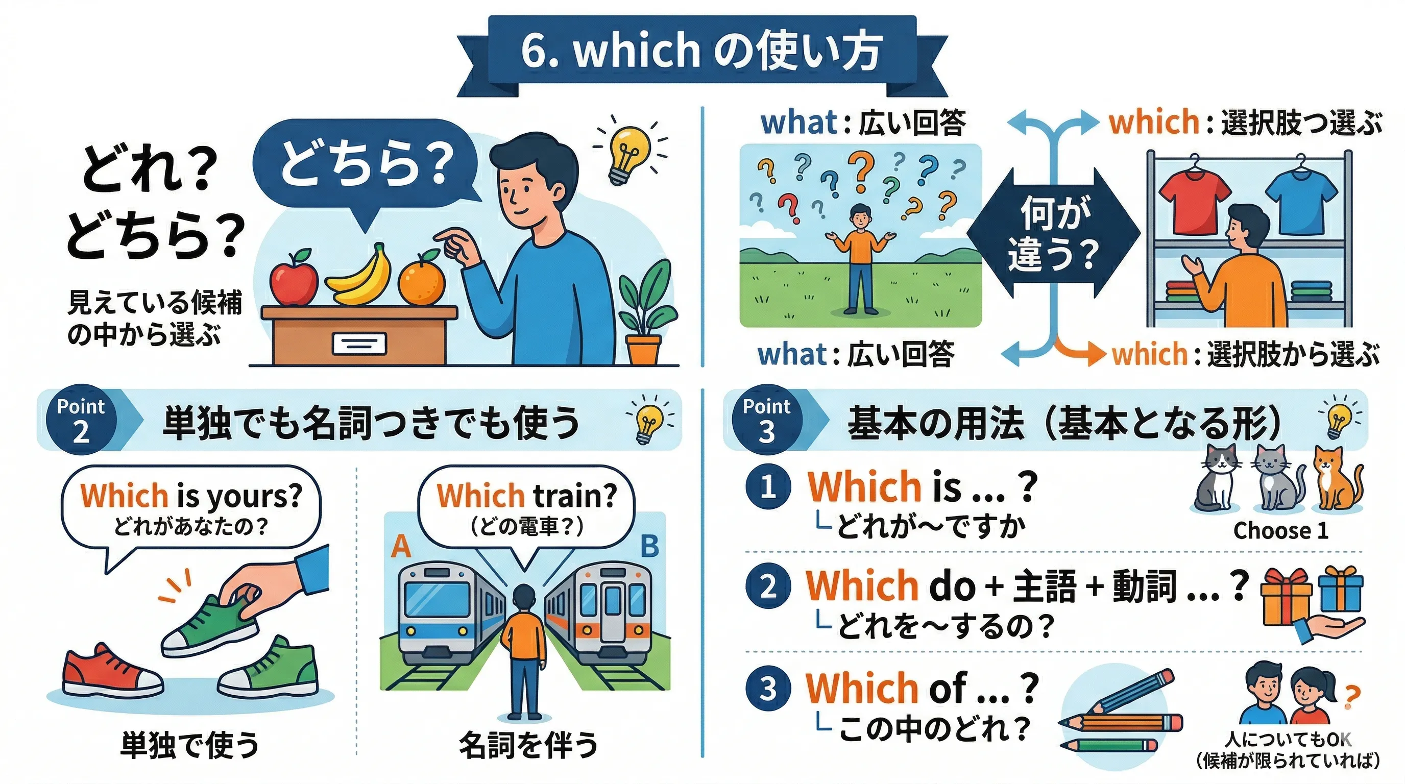 疑問代名詞 which の使い方と候補の中から選ぶイメージ図