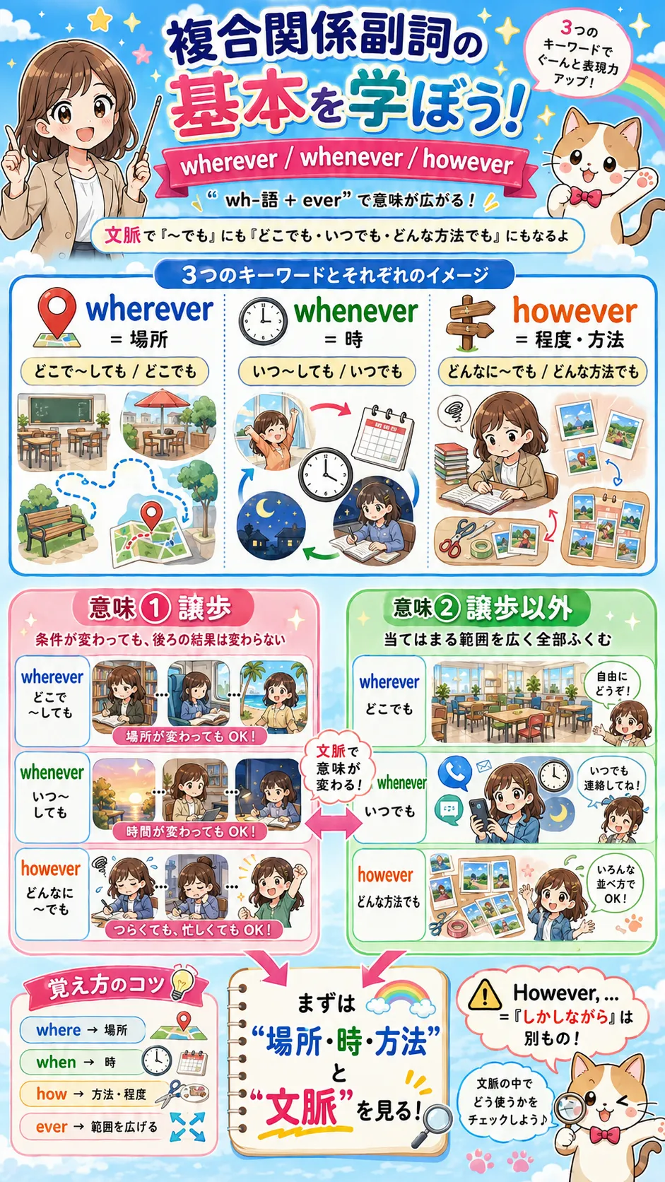 複合関係副詞 wherever whenever however の譲歩とその他の用法をイメージした英語学習イラスト
