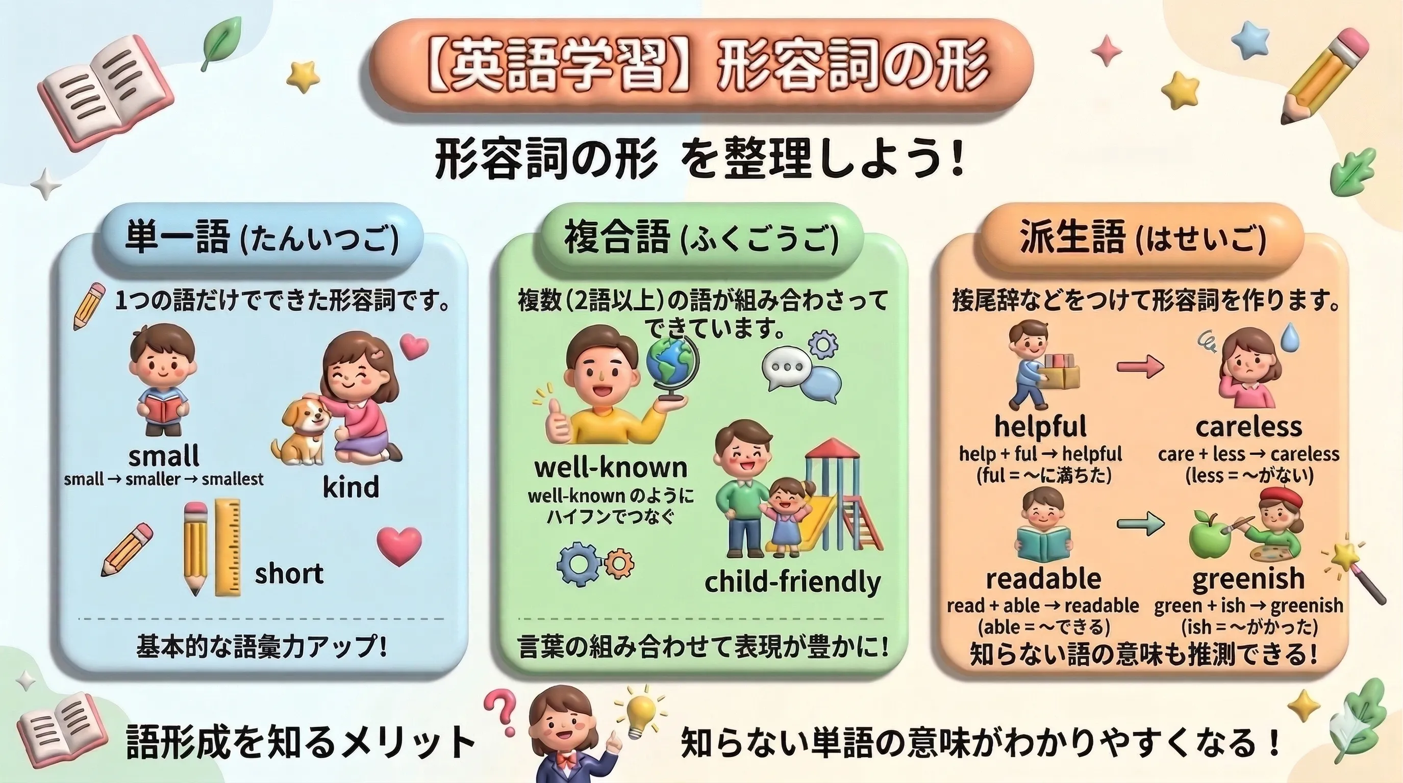 形容詞の形（単一語・複合語・派生語）を整理したイメージ図