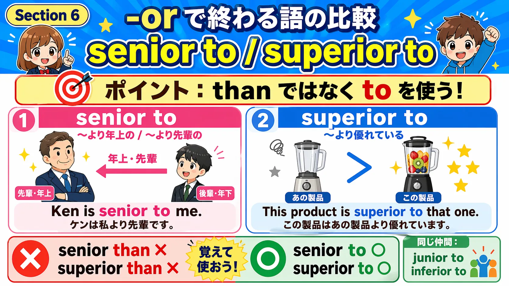 -or で終わる比較表現 senior to superior to は than ではなく to を使うイメージ図
