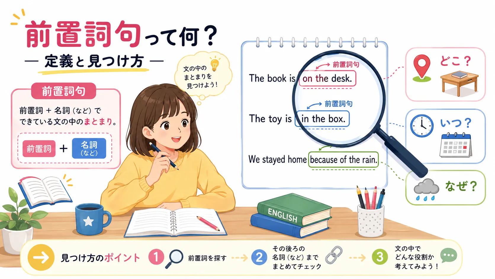 前置詞句（群前置詞）は2語以上がまとまって1つの前置詞として働くイメージ図