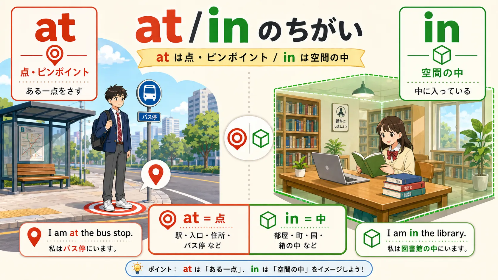 at は一点、in は空間の中を表す場所の前置詞イメージ図