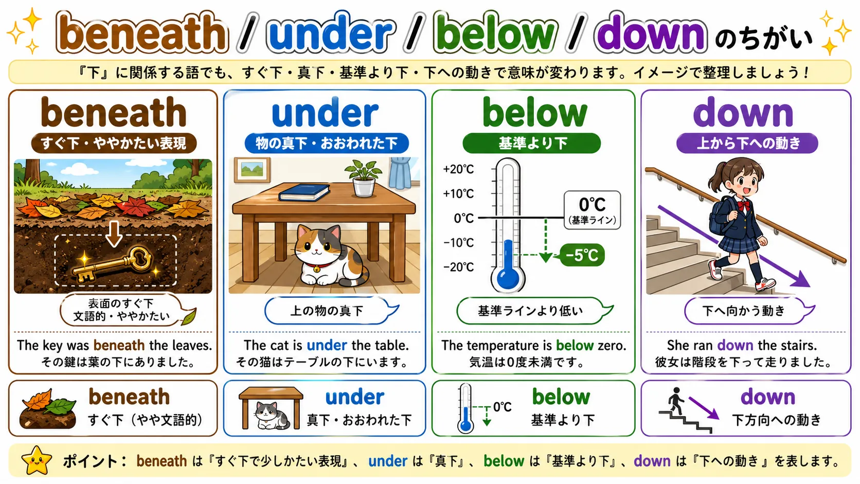 beneath はすぐ下、under は真下、below は基準より下、down は下方向への動きを表す前置詞イメージ図