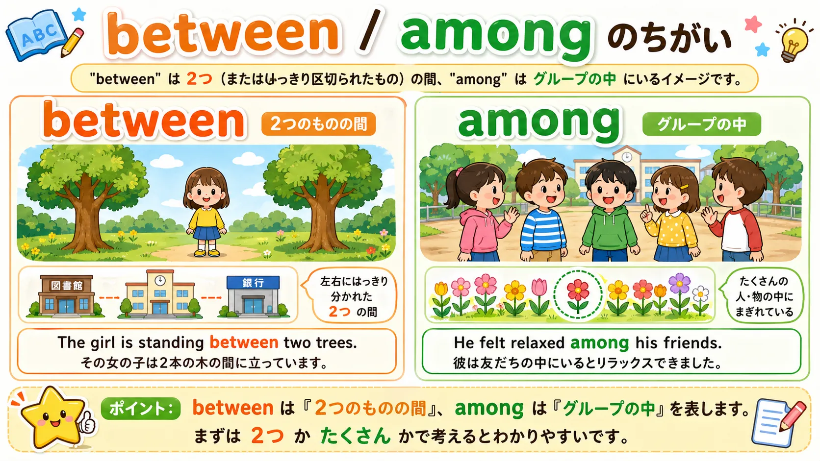 between は個別に見えるものの間、among は集団の中にいる感覚を表す前置詞イメージ図