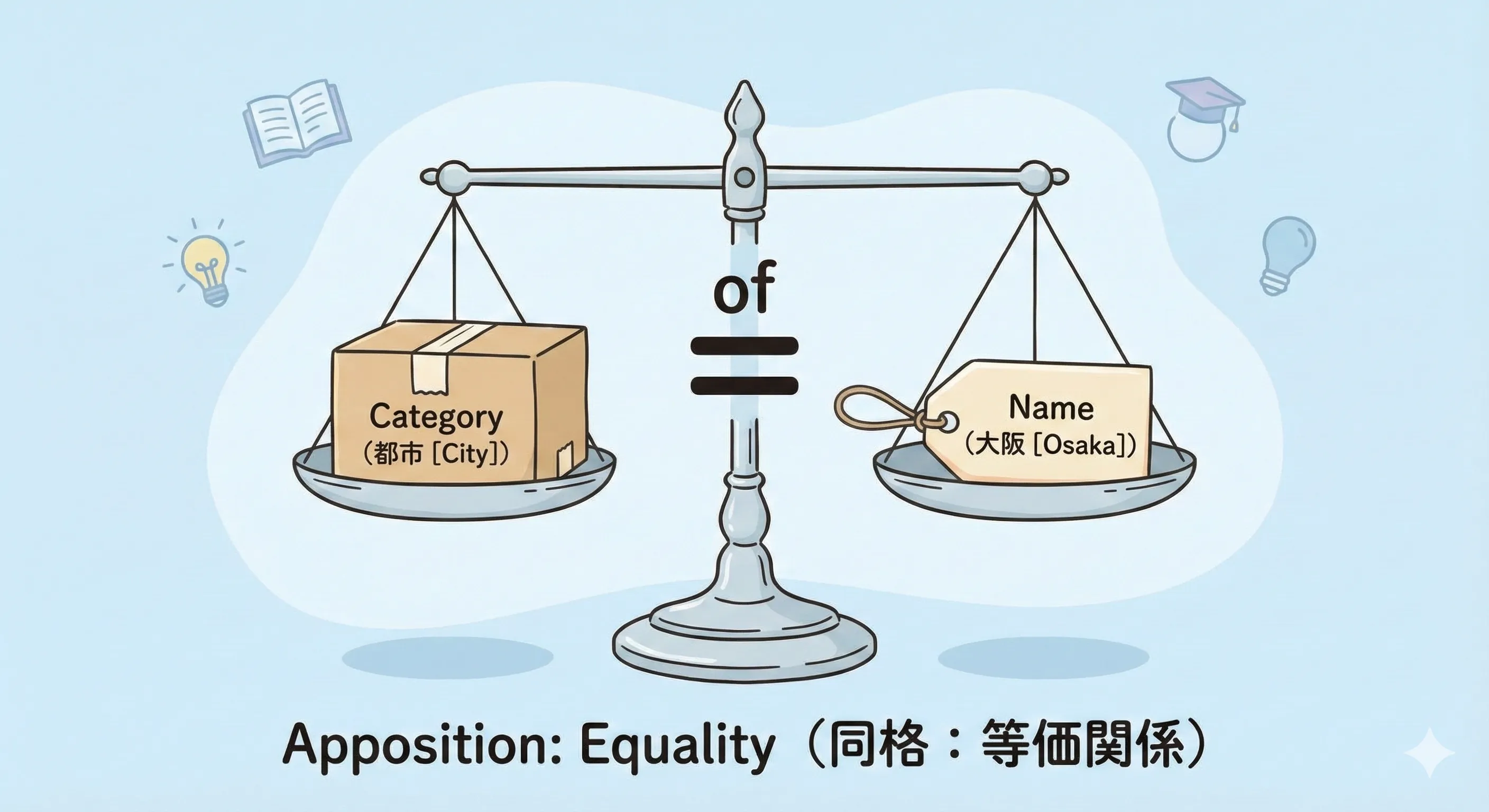 Appositive Relation: Scales balancing 'City' and 'Osaka', or a Tag labeled 'News' showing 'Marriage'