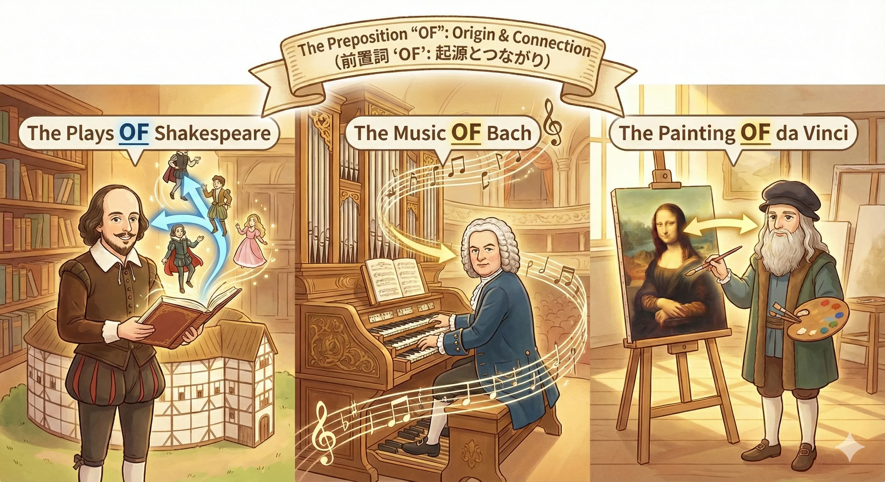 シェイクスピアの本、バッハの楽譜、ダ・ヴィンチの絵が並び、それぞれの作者から作品があふれ出しているイラスト：the plays of Shakespeare / the music of Bach / the paintings of Leonardo da Vinci のイメージ