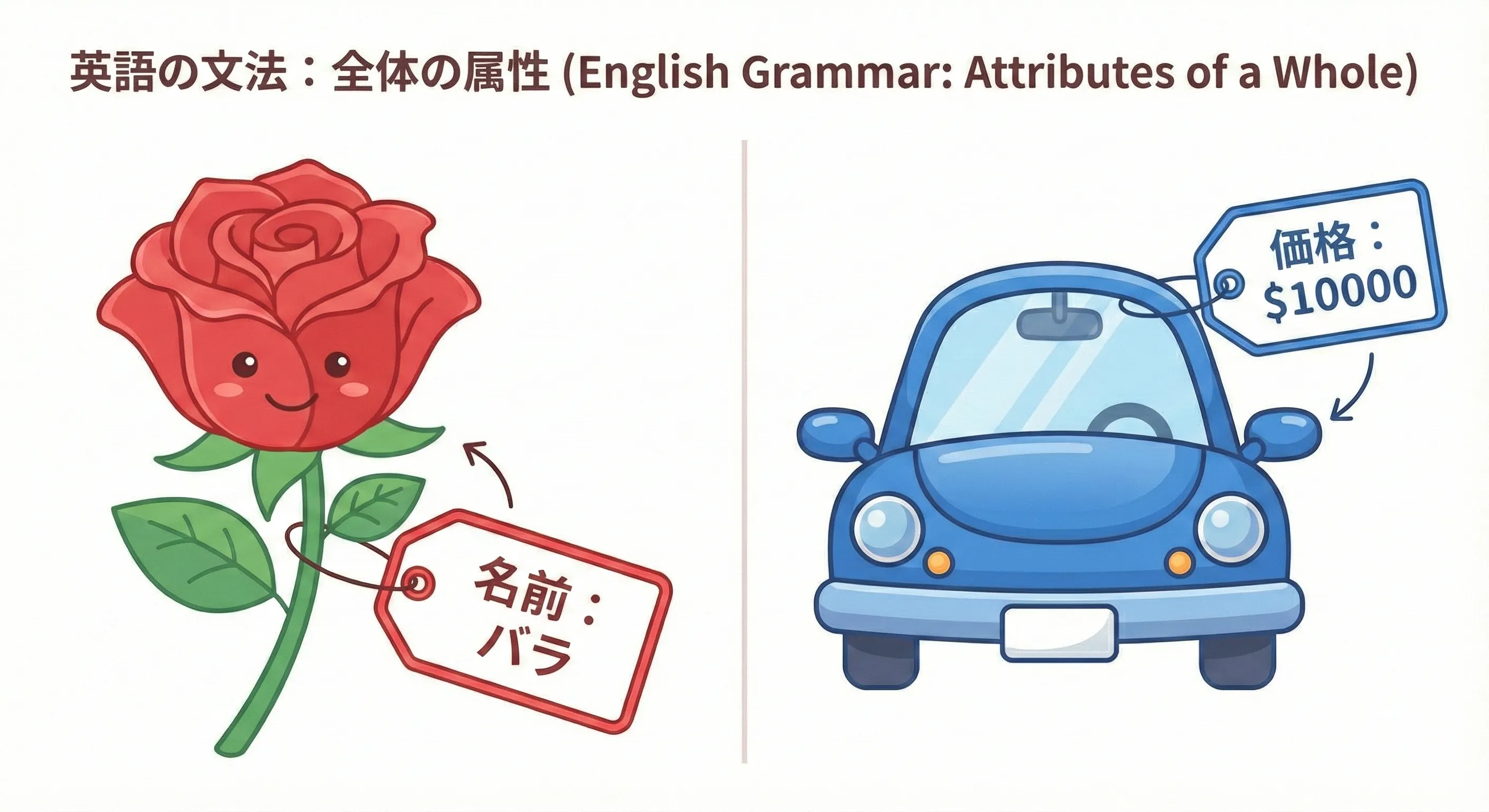花の名前や車の値段など、モノにくっついている情報（属性）を表すイラスト：the name of the flower / the price of the car のイメージ