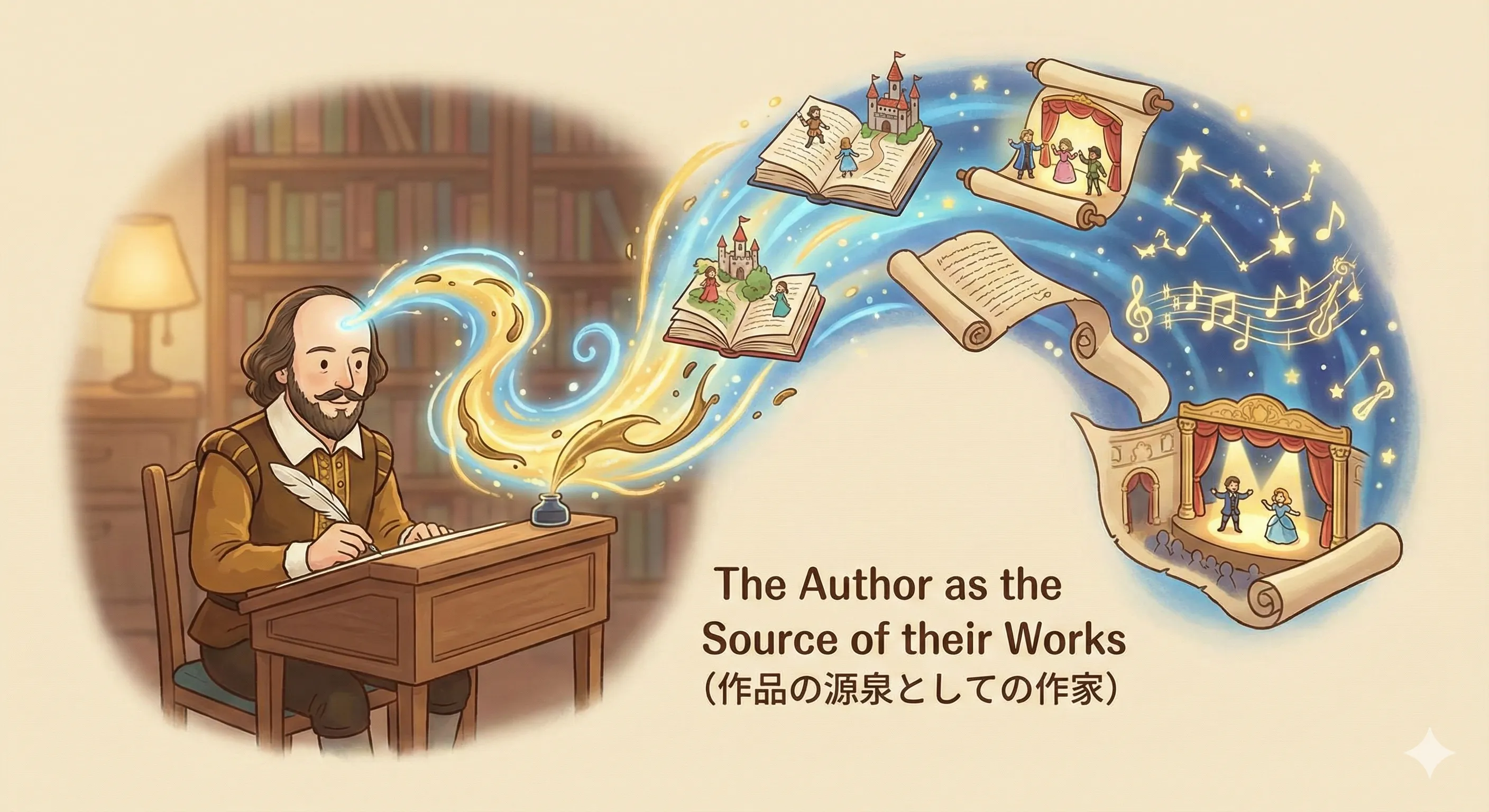 作曲家バッハから音符が流れ出し、シェイクスピアから戯曲が生まれているイラスト：the music of Bach / the plays of Shakespeare のイメージ