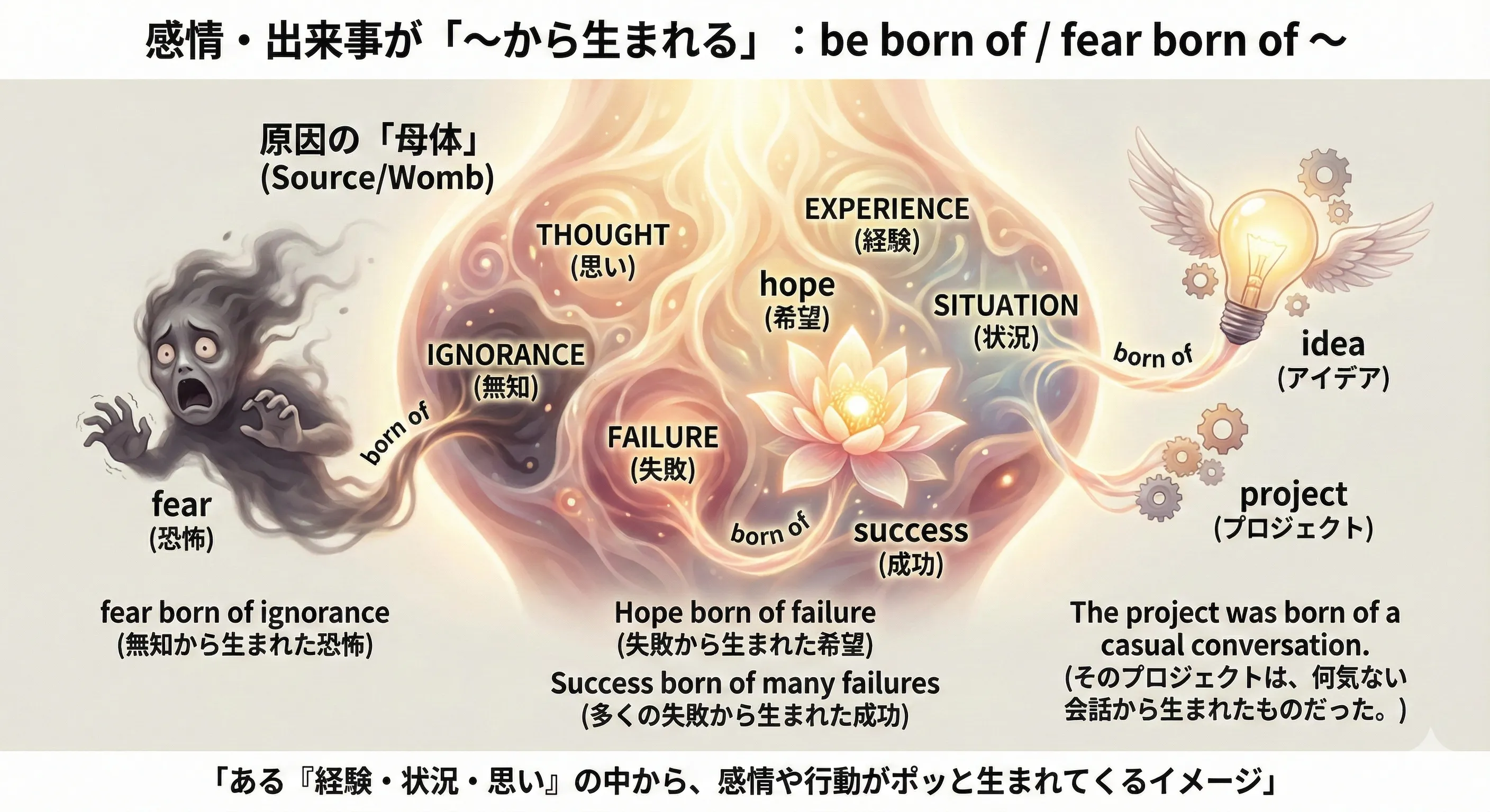 Abstract emotions like fear and hope emerging from a glowing source labeled 'experience / hardship / kindness'