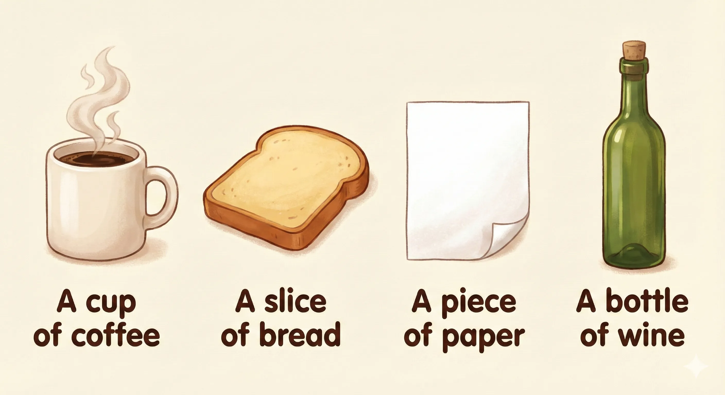 Counting Units: A cup of coffee, A slice of bread, A piece of paper, A bottle of wine