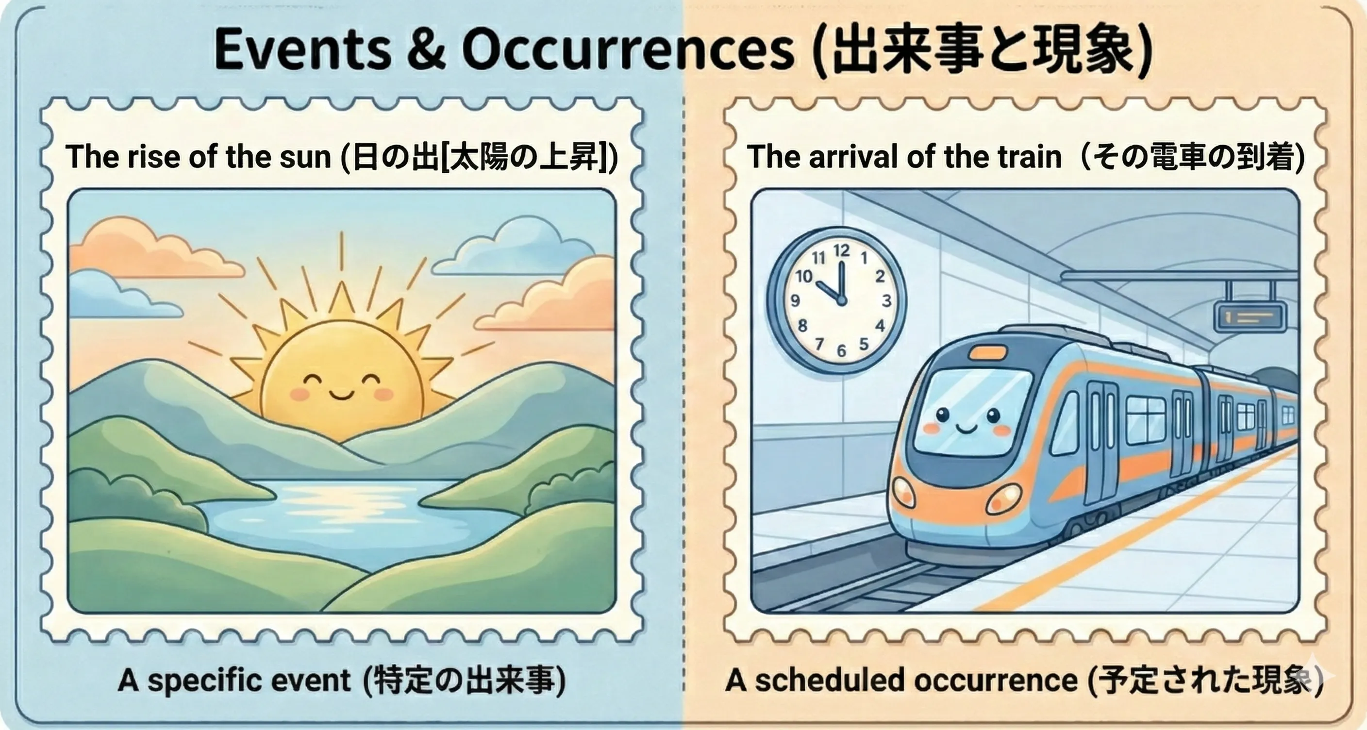 自然現象と出来事：日の出と電車の到着を1つの事実として枠で切り取ったイメージ