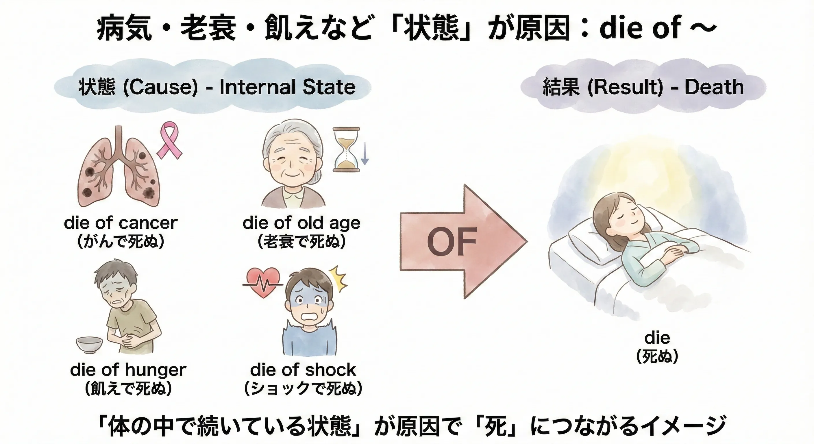 Cause and State: a figure with health bar decreasing labeled cancer / old age / hunger leading to die of ~