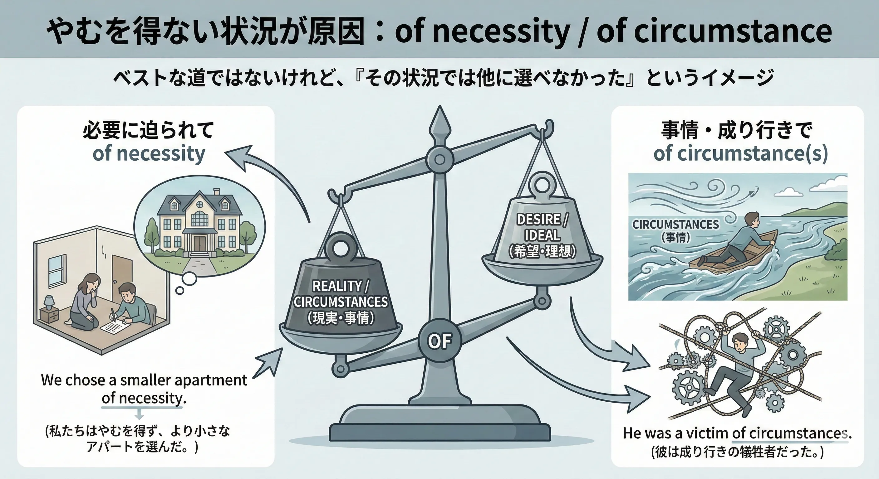 Of necessity: A person standing at a fork in the road, one path blocked by barriers labeled 'no choice', walking the only open path labeled 'of necessity / circumstances'