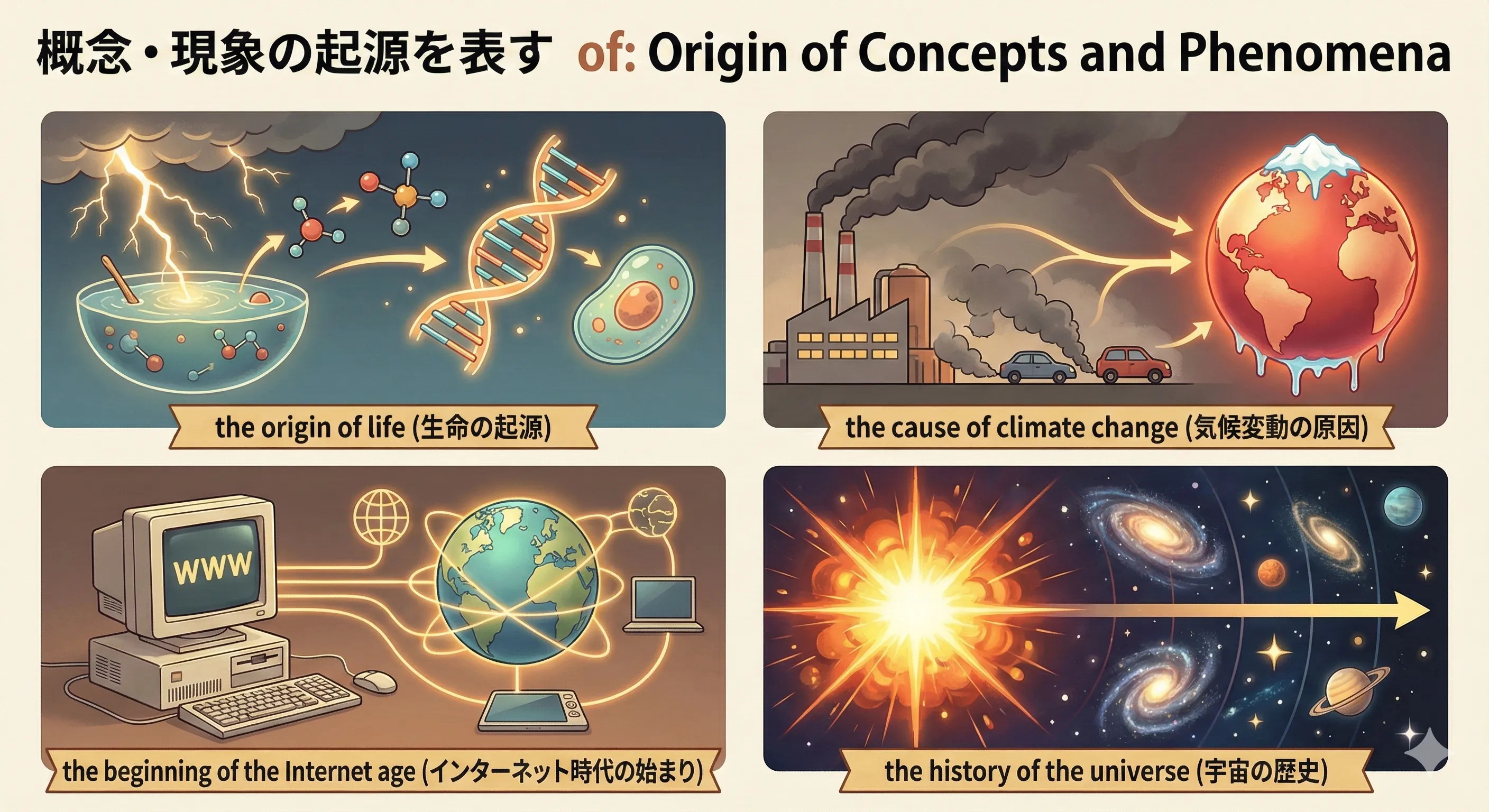 Abstract Origin: A light bulb and a spiral galaxy both connected to labels like 'origin of life', 'cause of climate change', 'history of the internet'