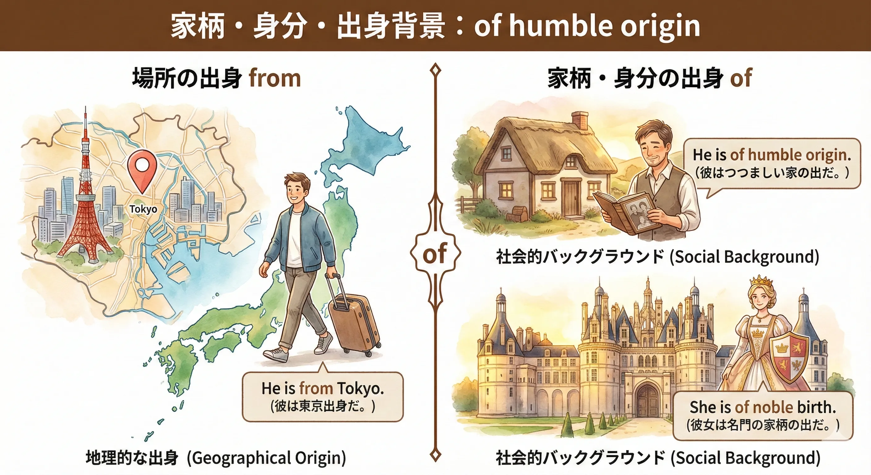 Family background: simple house, noble mansion, and people standing on roots labeled 'origin'