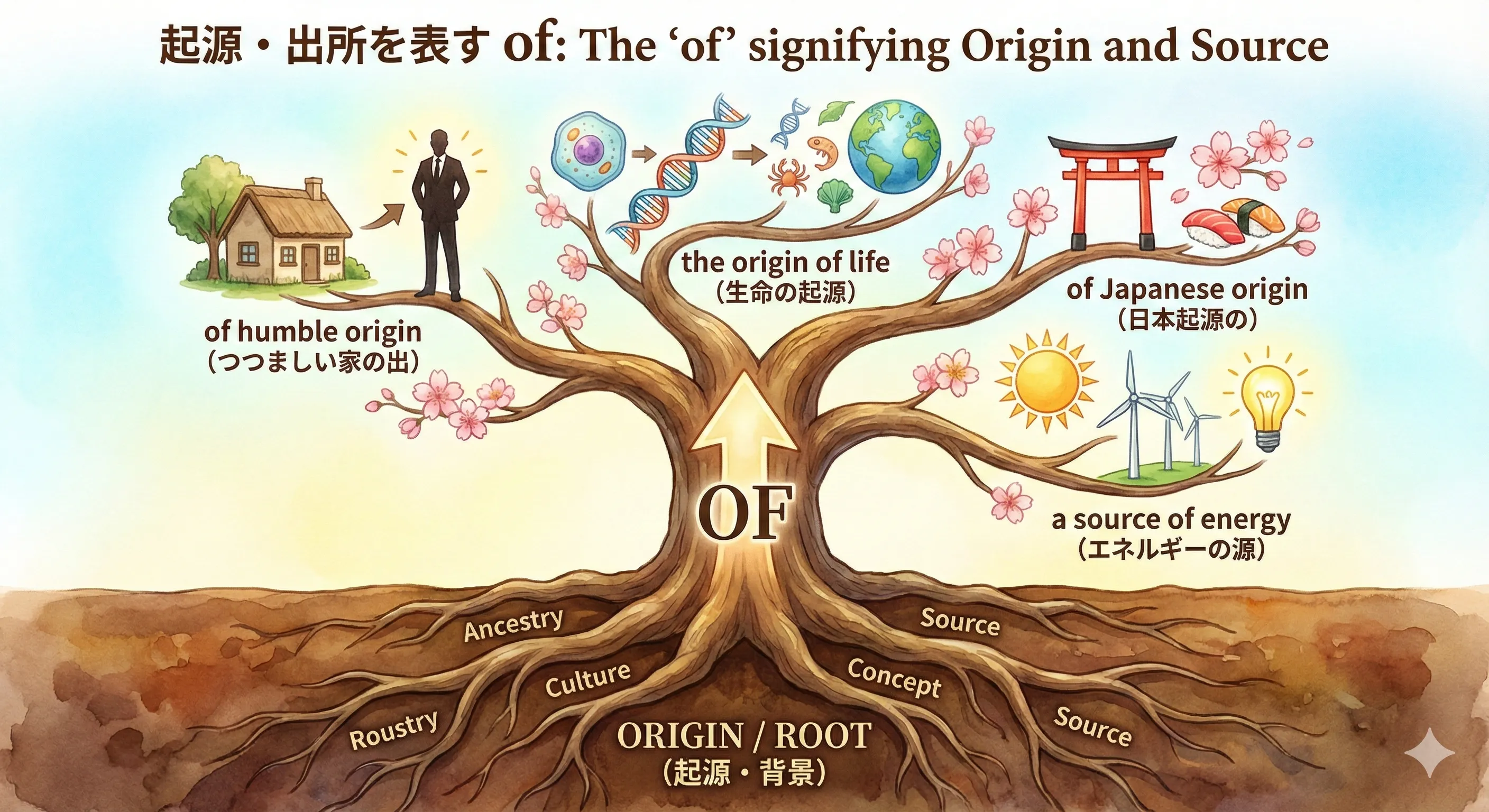 Origin and Roots: A tree with visible roots labeled 'origin', arrows pointing from roots to people, culture, and ideas