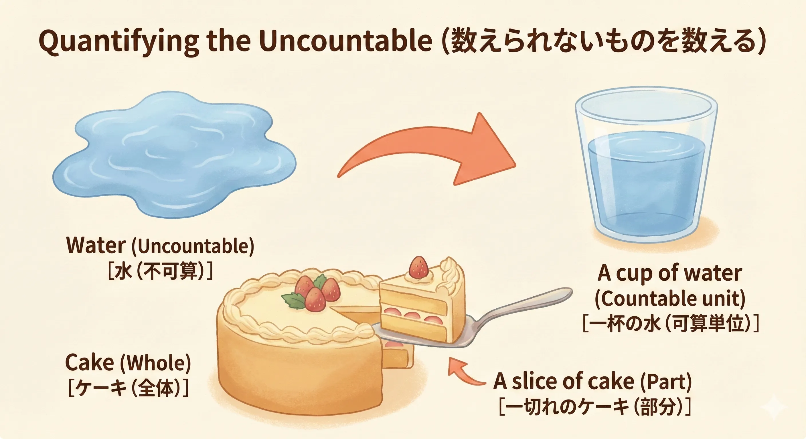 Quantifying: Water forming into a glass shape, A slice being taken from a whole cake