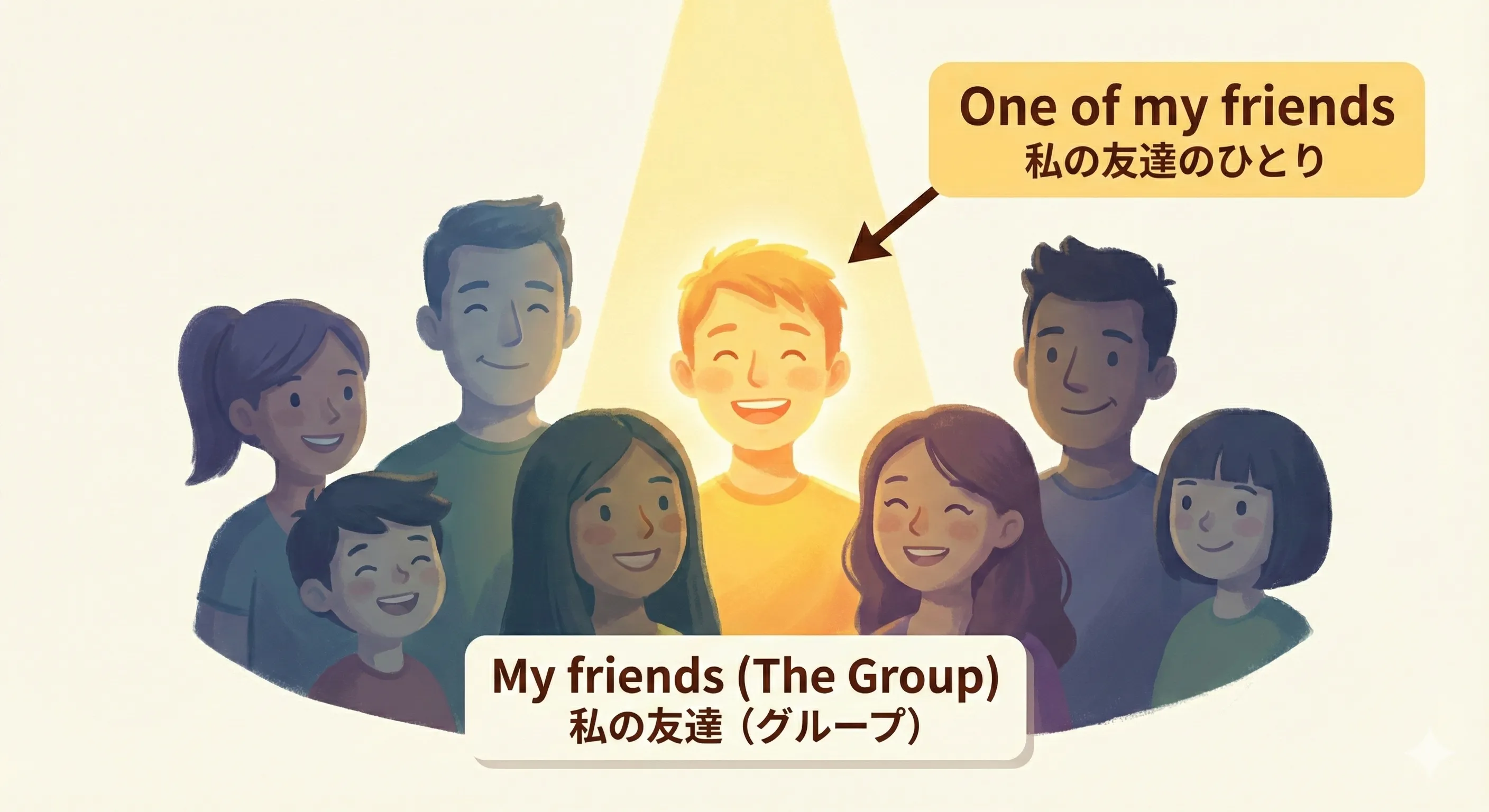 Selection: A spotlight highlighting one person out of a group of friends