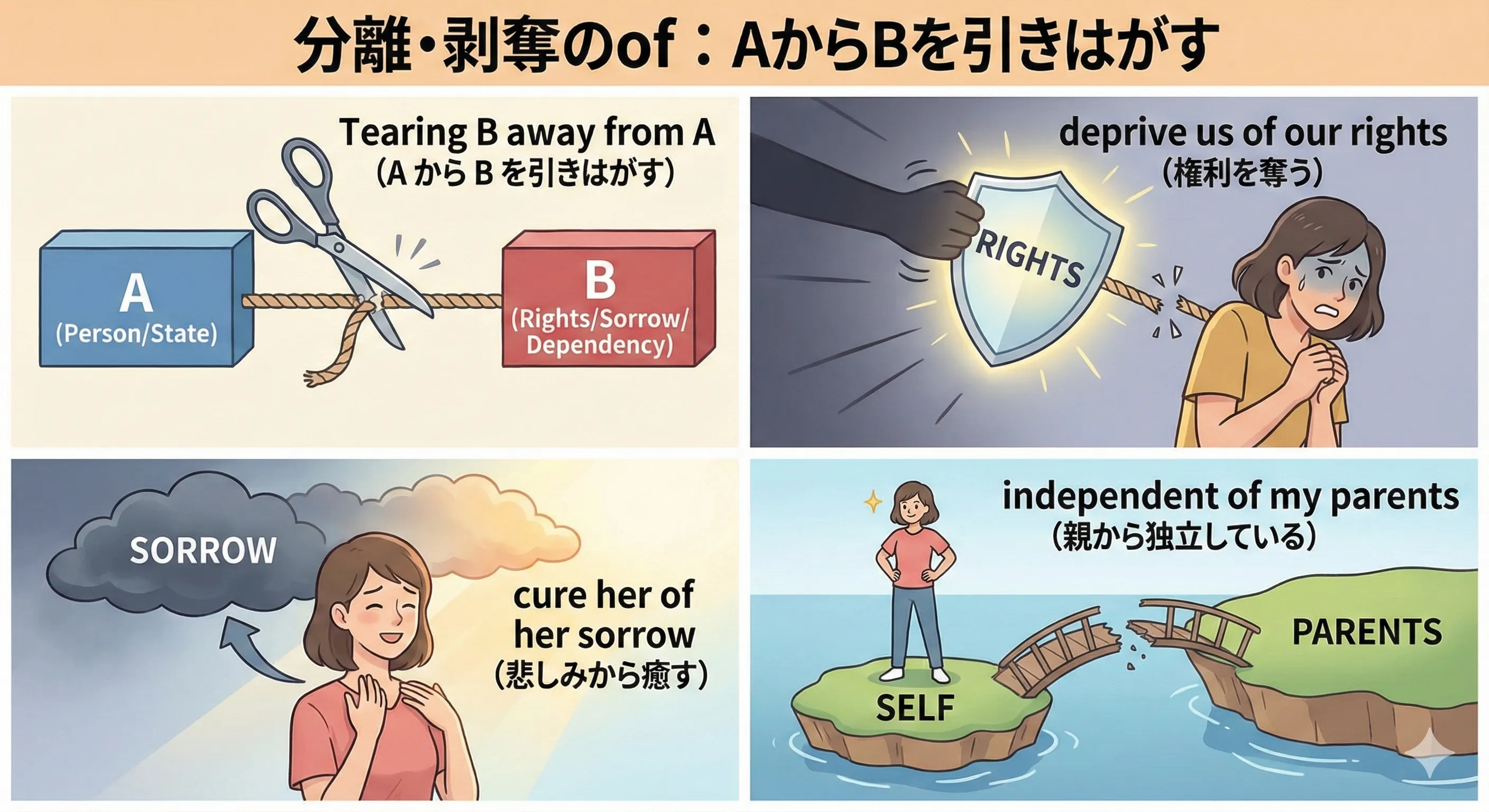 A person with icons like 'rights', 'sorrow', 'parents' being cut away by scissors labeled of