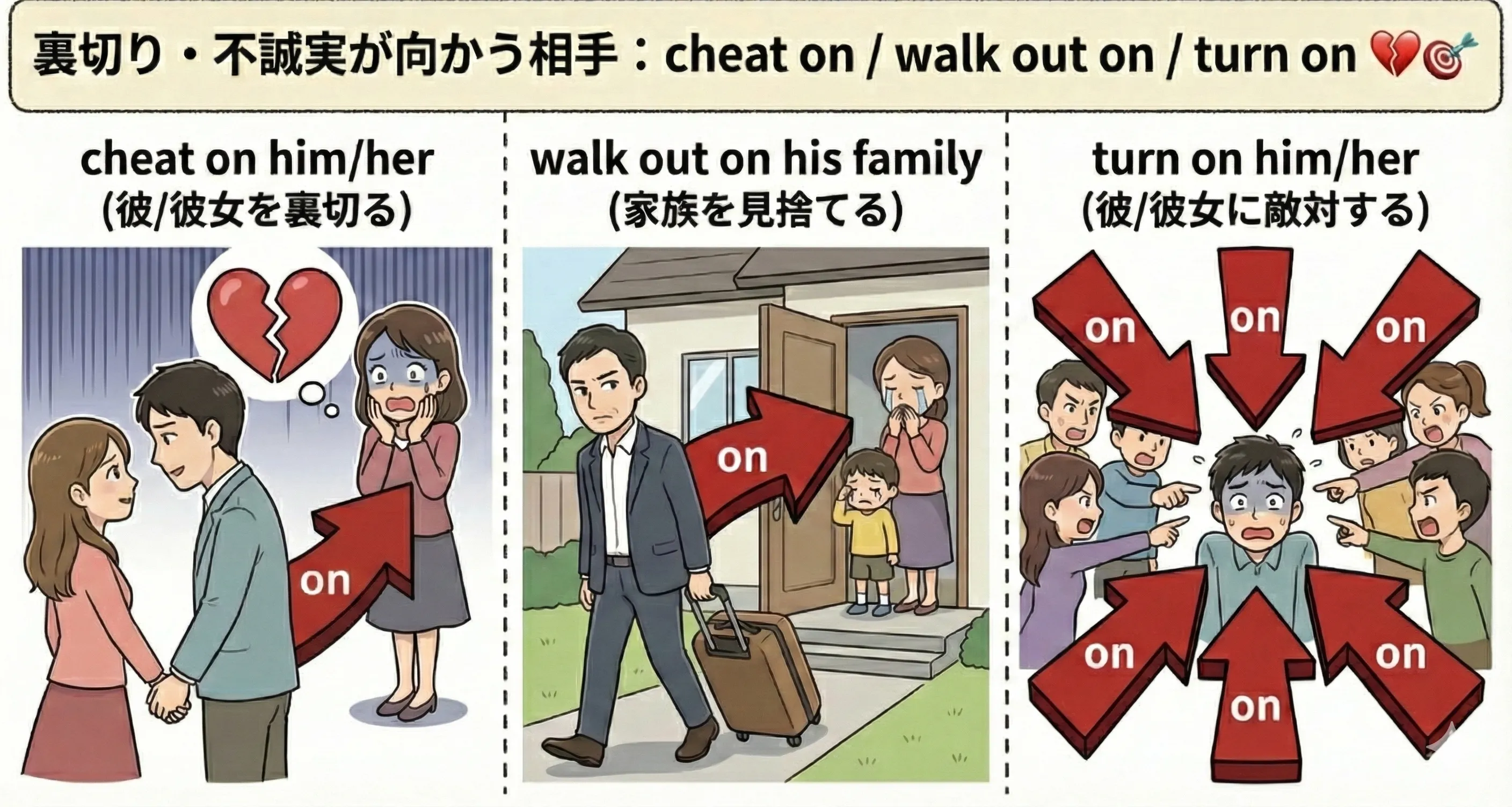 裏切りや不誠実の矢印が特定の人に向かっている on のイメージ図