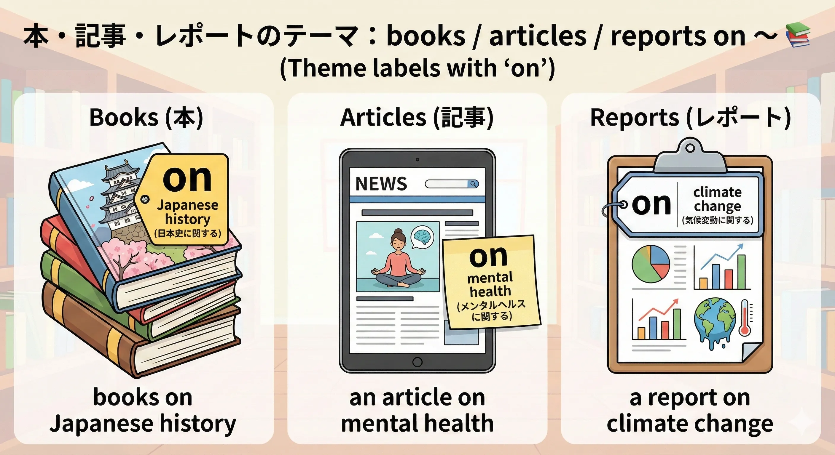 本やレポートの表紙に「on + テーマ」のラベルが貼られているイメージ図