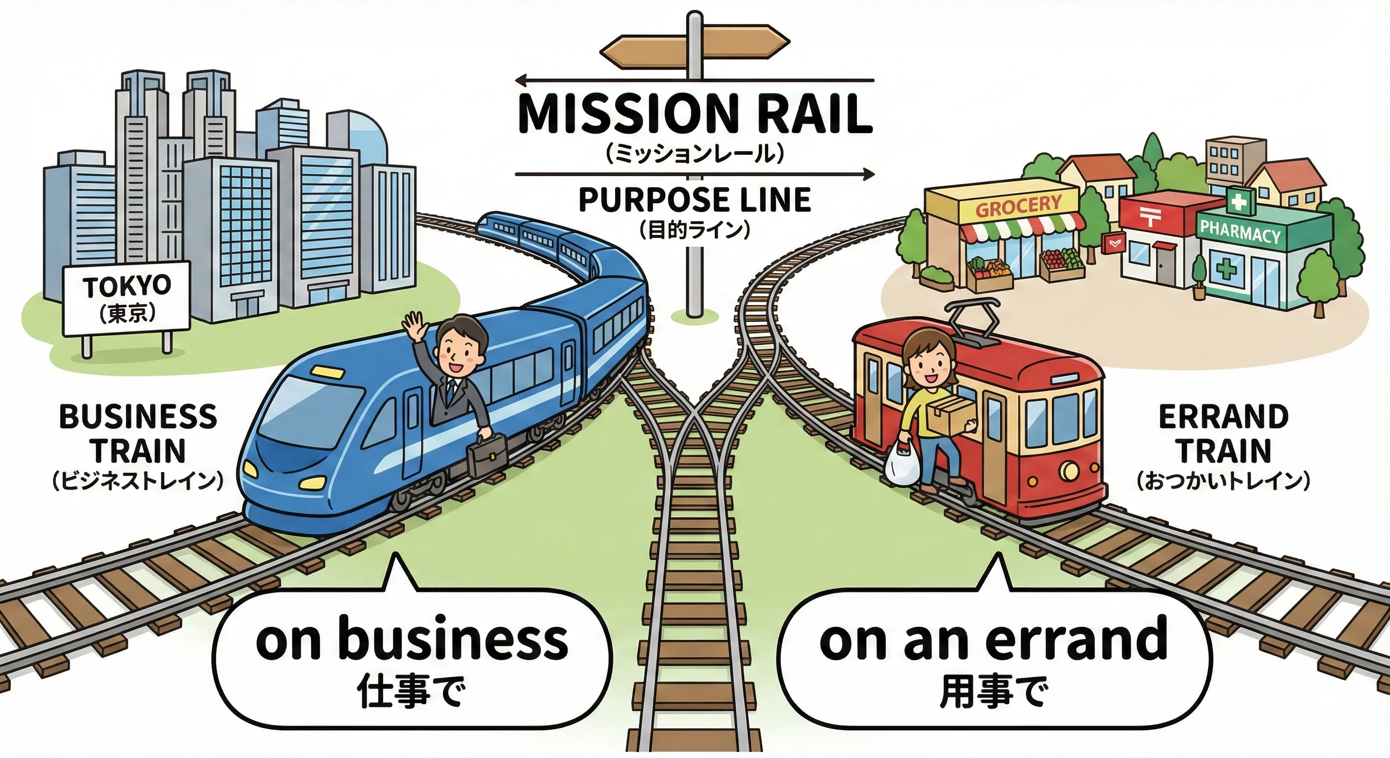 on business / on an errand のイメージ図：スーツ姿で出張に向かう人と、買い物袋を持って用事を済ませる人