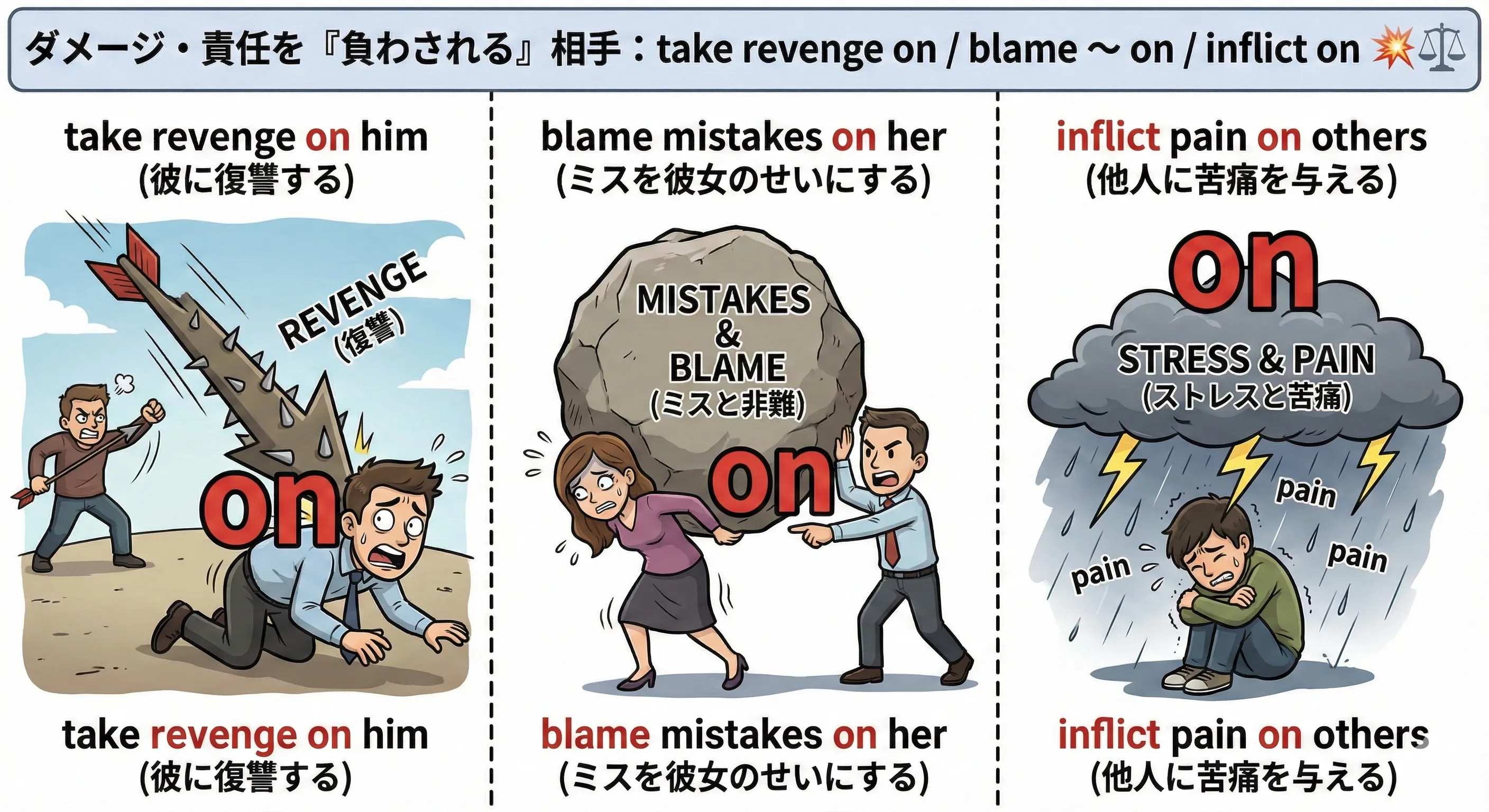 ダメージや責任の重たい荷物が、特定の人の上に乗っている on のイメージ図