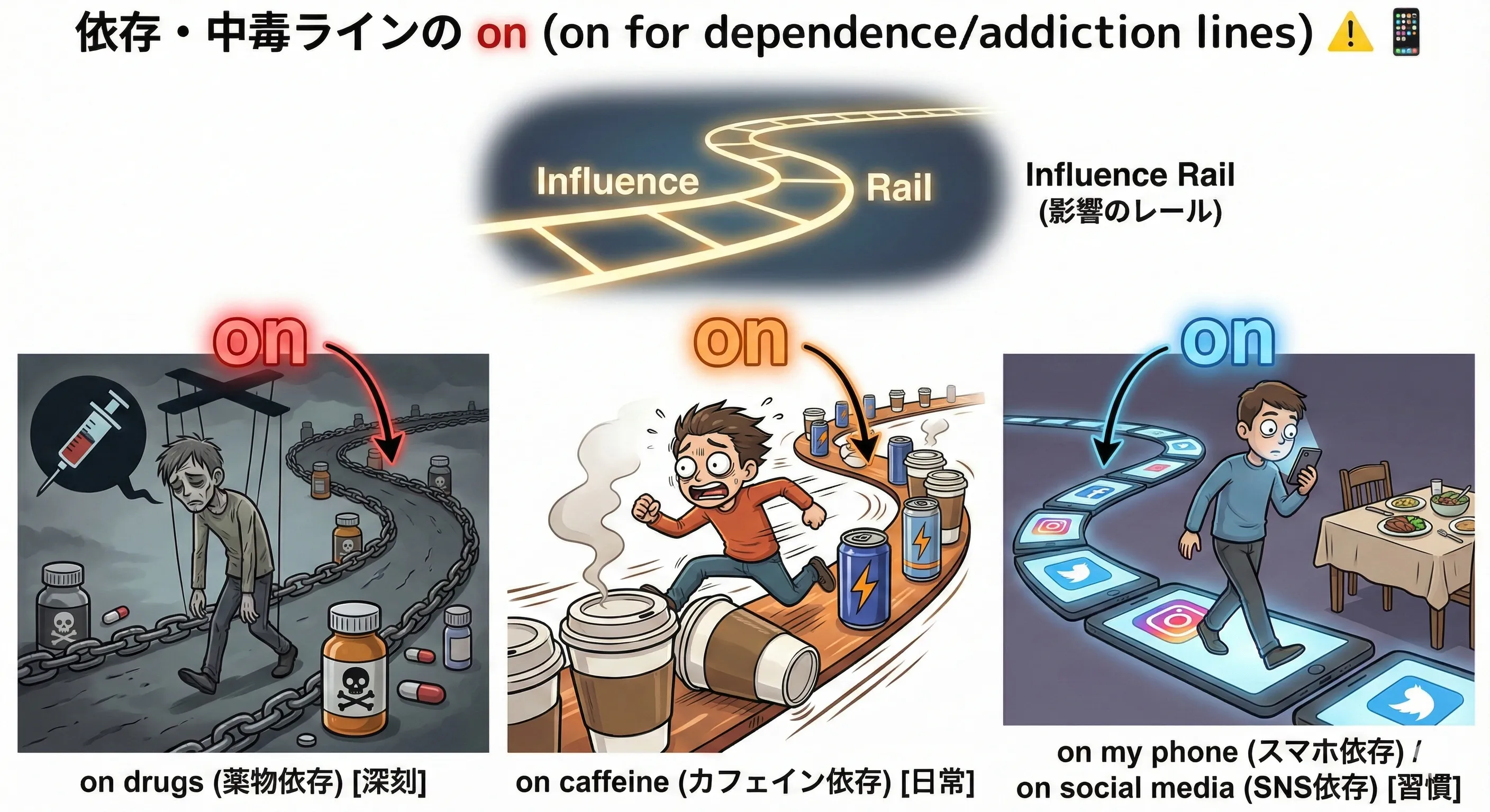 on drugs / on caffeine / on my phone など、依存・中毒ラインの上に乗っている on のイメージ図