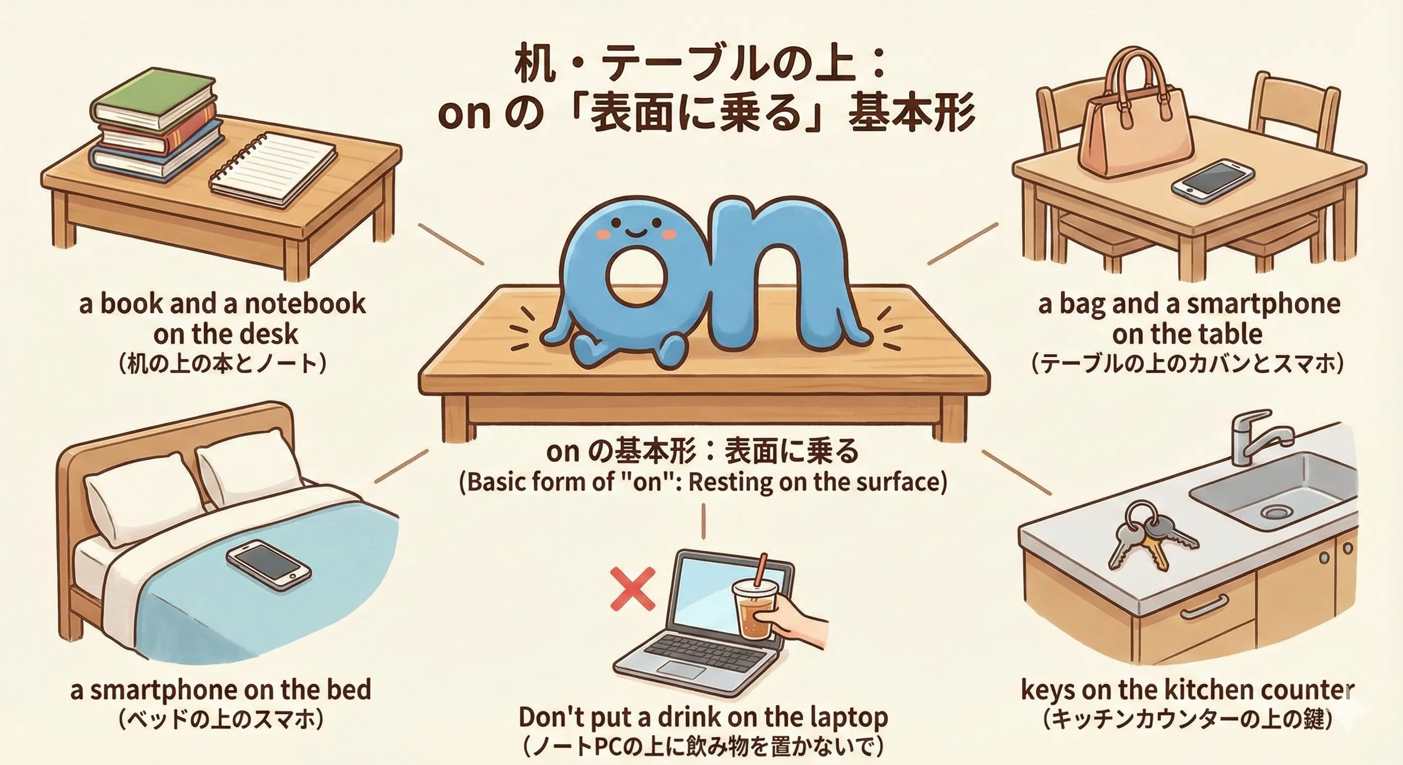 机やテーブルの上に物が乗っている on のイメージ図