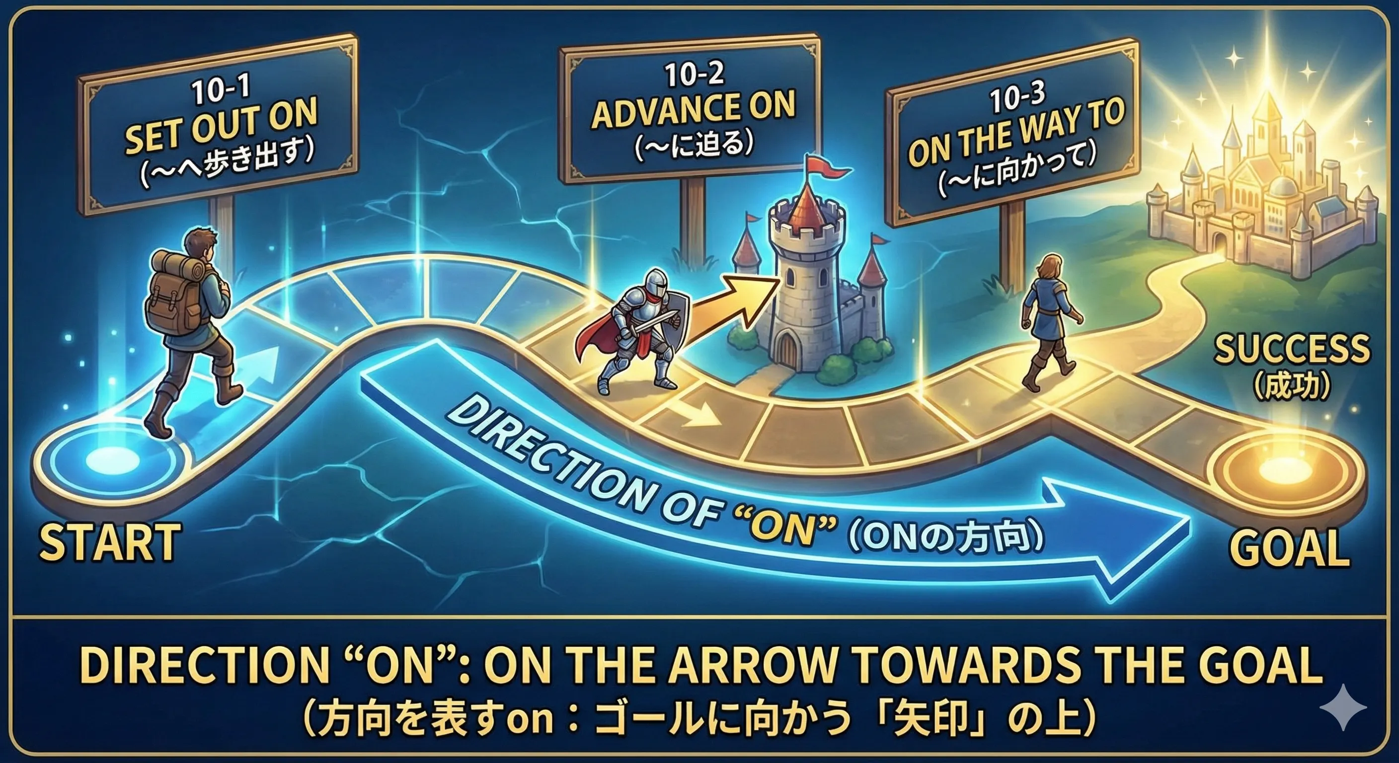 スタートからゴールへ矢印がのびる道の上を進む人：set out on, advance on, on the way to のイメージ図