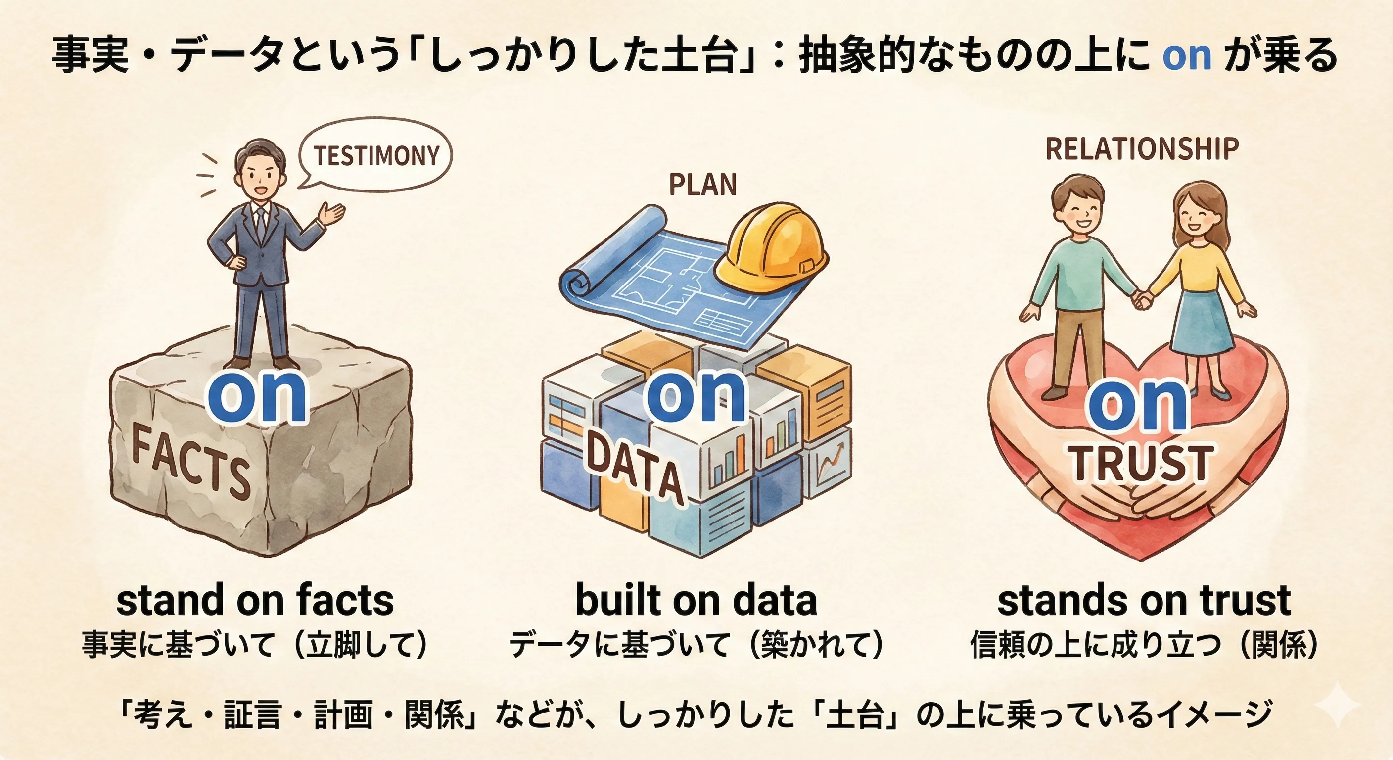 FACTSやDATAと書かれた土台の上に testimony や theory が乗っているイメージ図